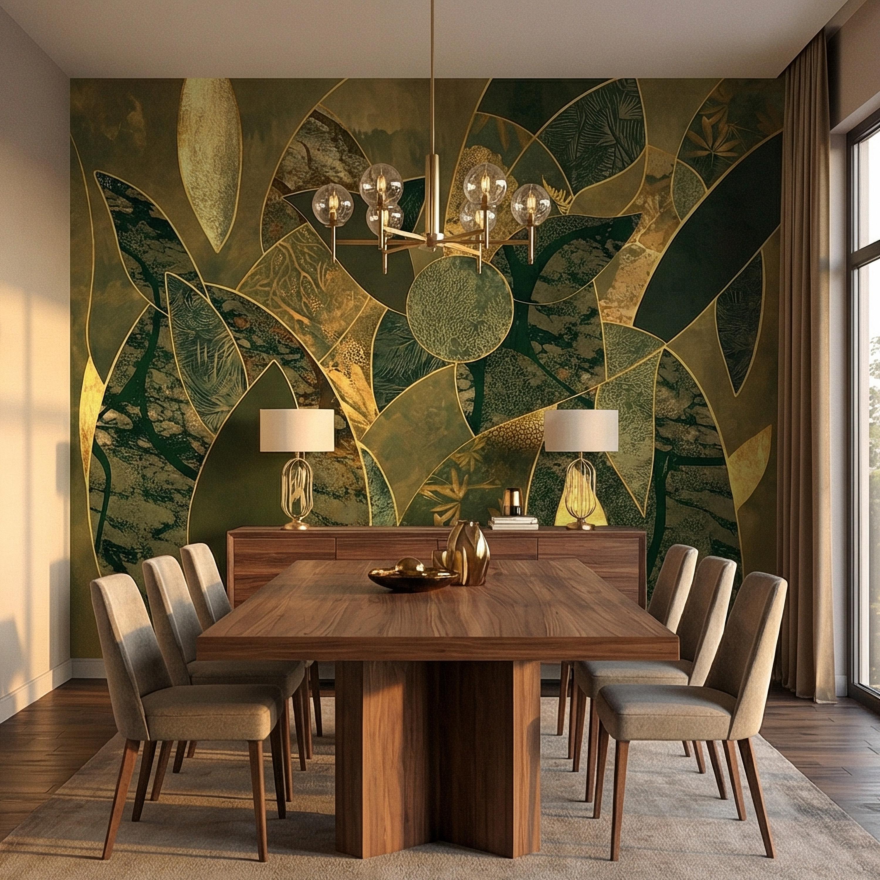 Art Deco Botanical Flower Peel and Stick Wall Mural, Dark Green Gold Abstract Geometric Floral, Large Scale Luxury Wallpaper