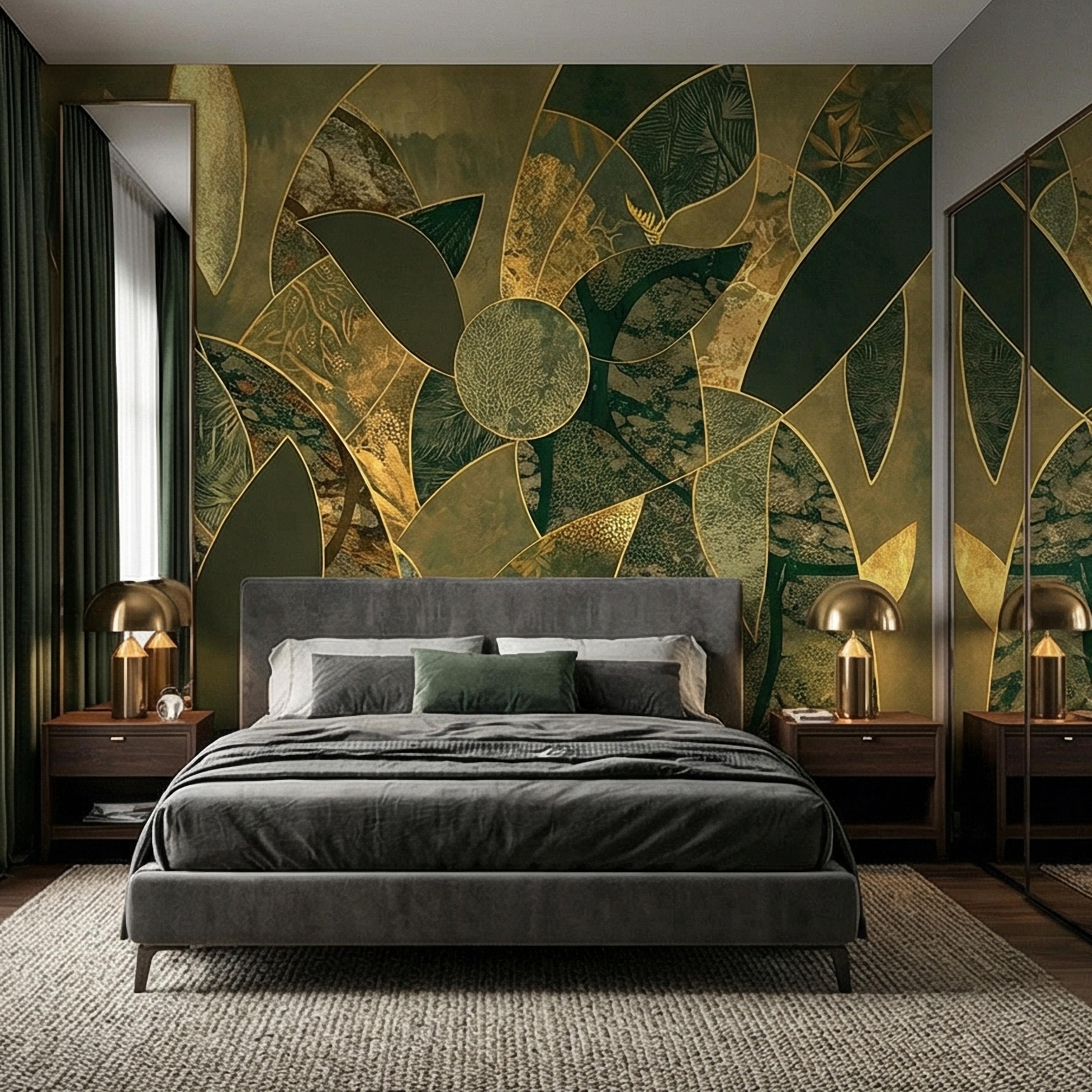 Art Deco Botanical Flower Peel and Stick Wall Mural, Dark Green Gold Abstract Geometric Floral, Large Scale Luxury Wallpaper