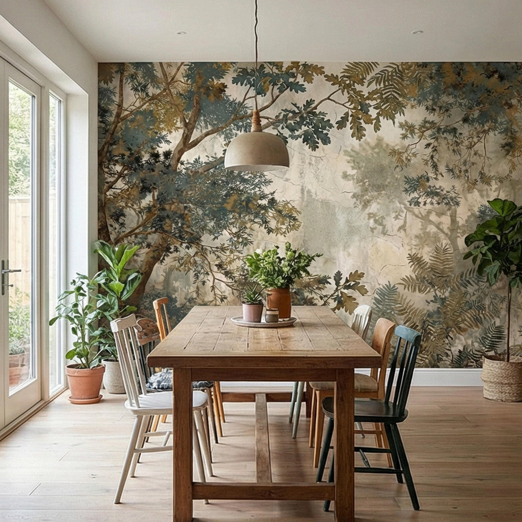 Sage Green Botanical Peel and Stick Wall Mural, Misty Woodland Branches, Antique Plaster Fresco Landscape Wallpaper