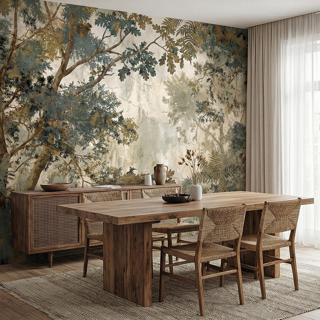 Sage Green Botanical Peel and Stick Wall Mural, Misty Woodland Branches, Antique Plaster Fresco Landscape Wallpaper