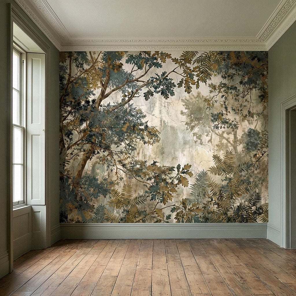 Sage Green Botanical Peel and Stick Wall Mural, Misty Woodland Branches, Antique Plaster Fresco Landscape Wallpaper