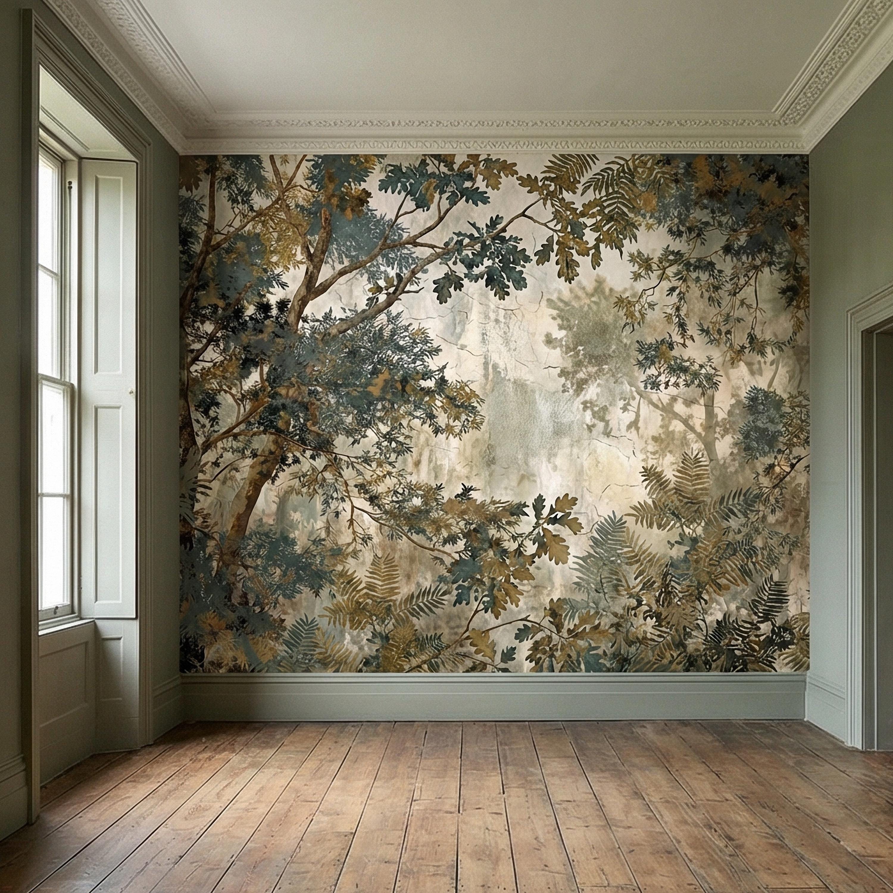 Sage Green Botanical Peel and Stick Wall Mural, Misty Woodland Branches, Antique Plaster Fresco Landscape Wallpaper