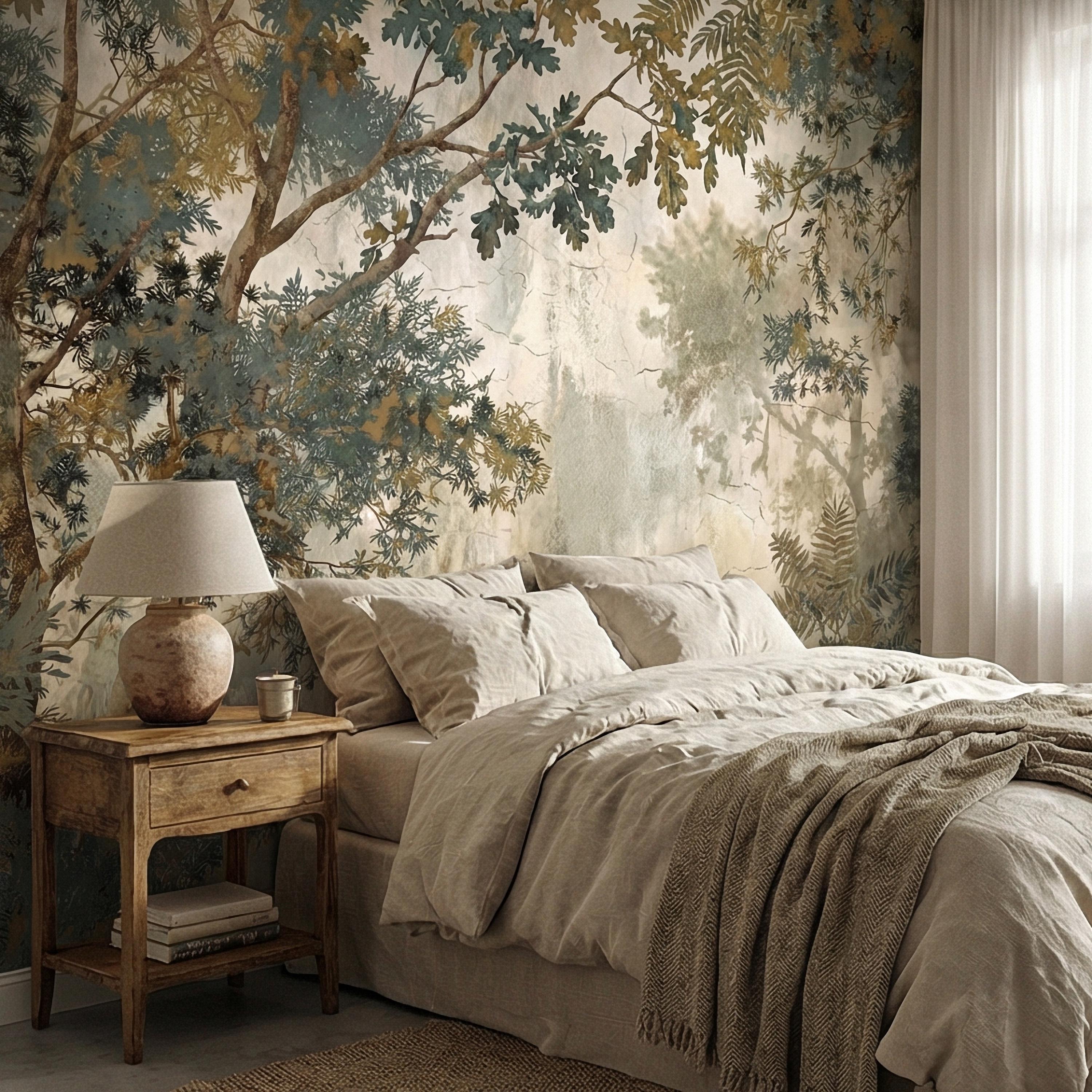 Sage Green Botanical Peel and Stick Wall Mural, Misty Woodland Branches, Antique Plaster Fresco Landscape Wallpaper