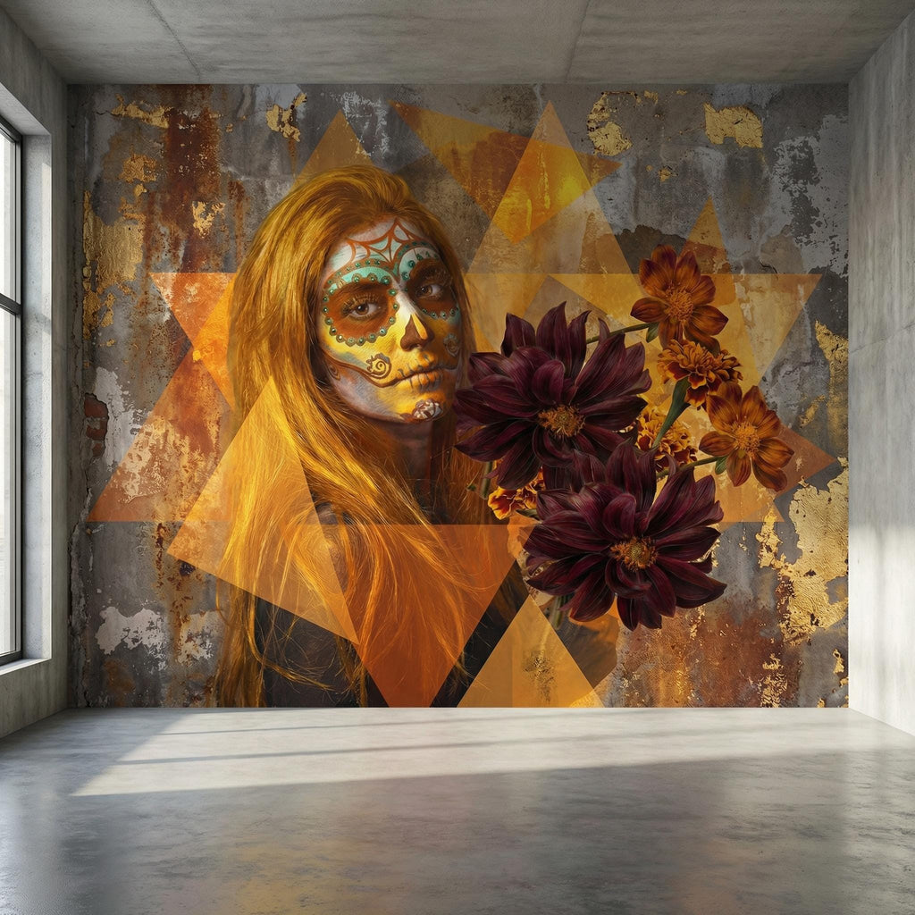 Sugar Skull Woman Peel and Stick Wall Mural, Day of the Dead Portrait, Mexican Marigold Flowers, Distressed Gold Foil Geometric Wallpaper