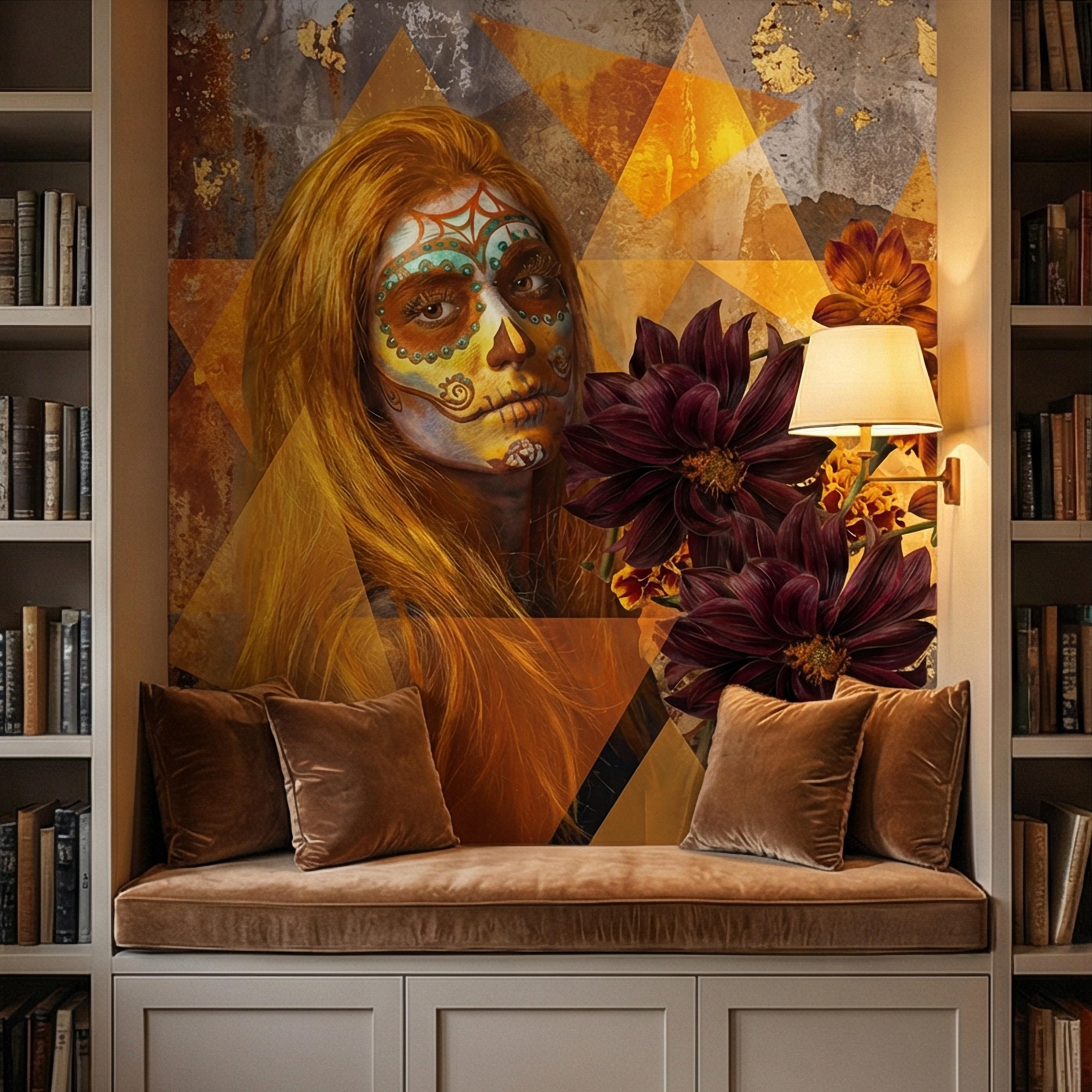Sugar Skull Woman Peel and Stick Wall Mural, Day of the Dead Portrait, Mexican Marigold Flowers, Distressed Gold Foil Geometric Wallpaper