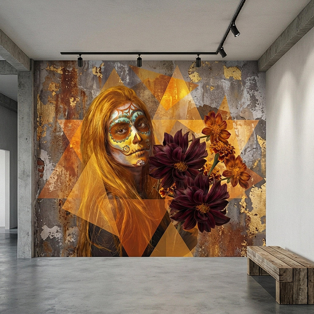 Sugar Skull Woman Peel and Stick Wall Mural, Day of the Dead Portrait, Mexican Marigold Flowers, Distressed Gold Foil Geometric Wallpaper