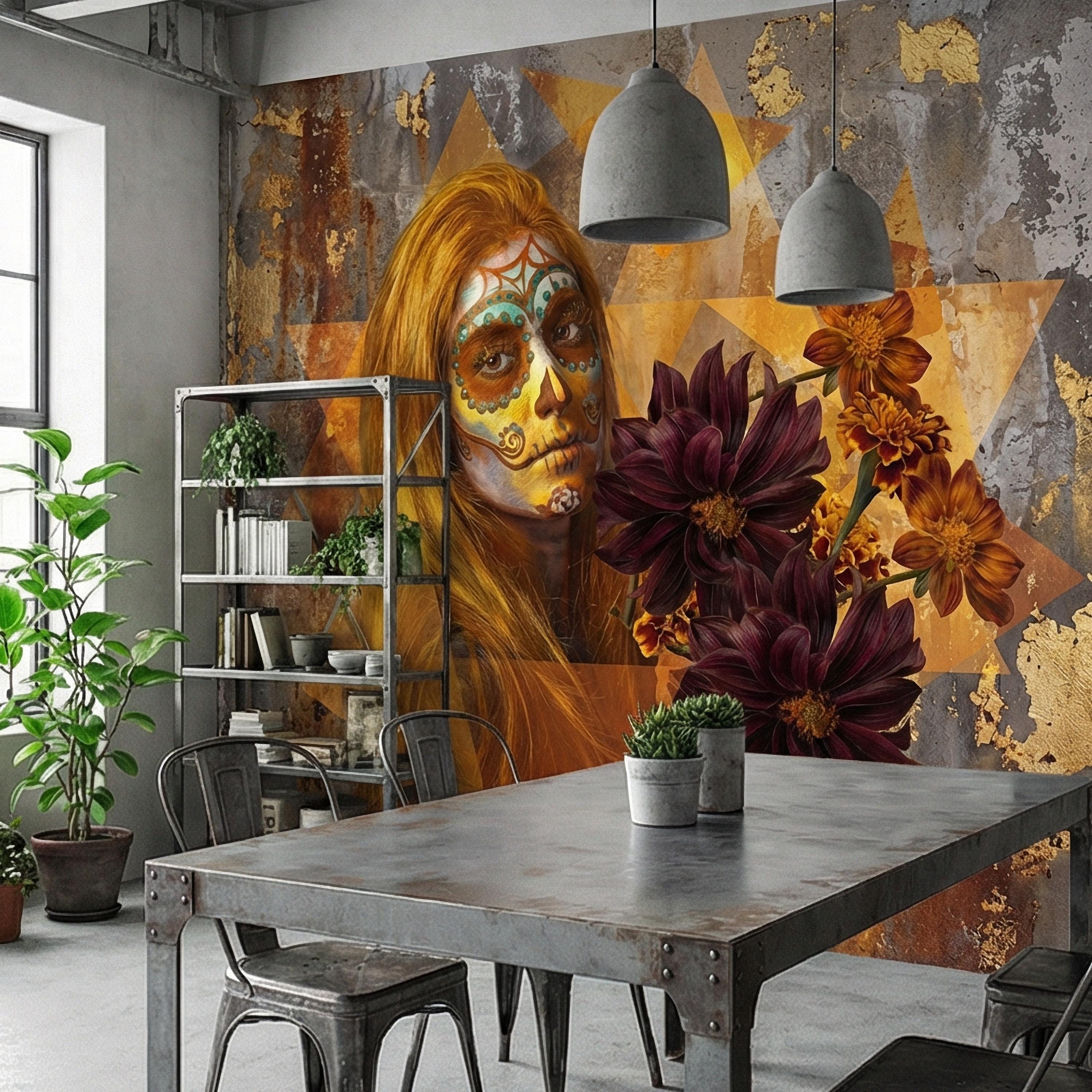 Sugar Skull Woman Peel and Stick Wall Mural, Day of the Dead Portrait, Mexican Marigold Flowers, Distressed Gold Foil Geometric Wallpaper