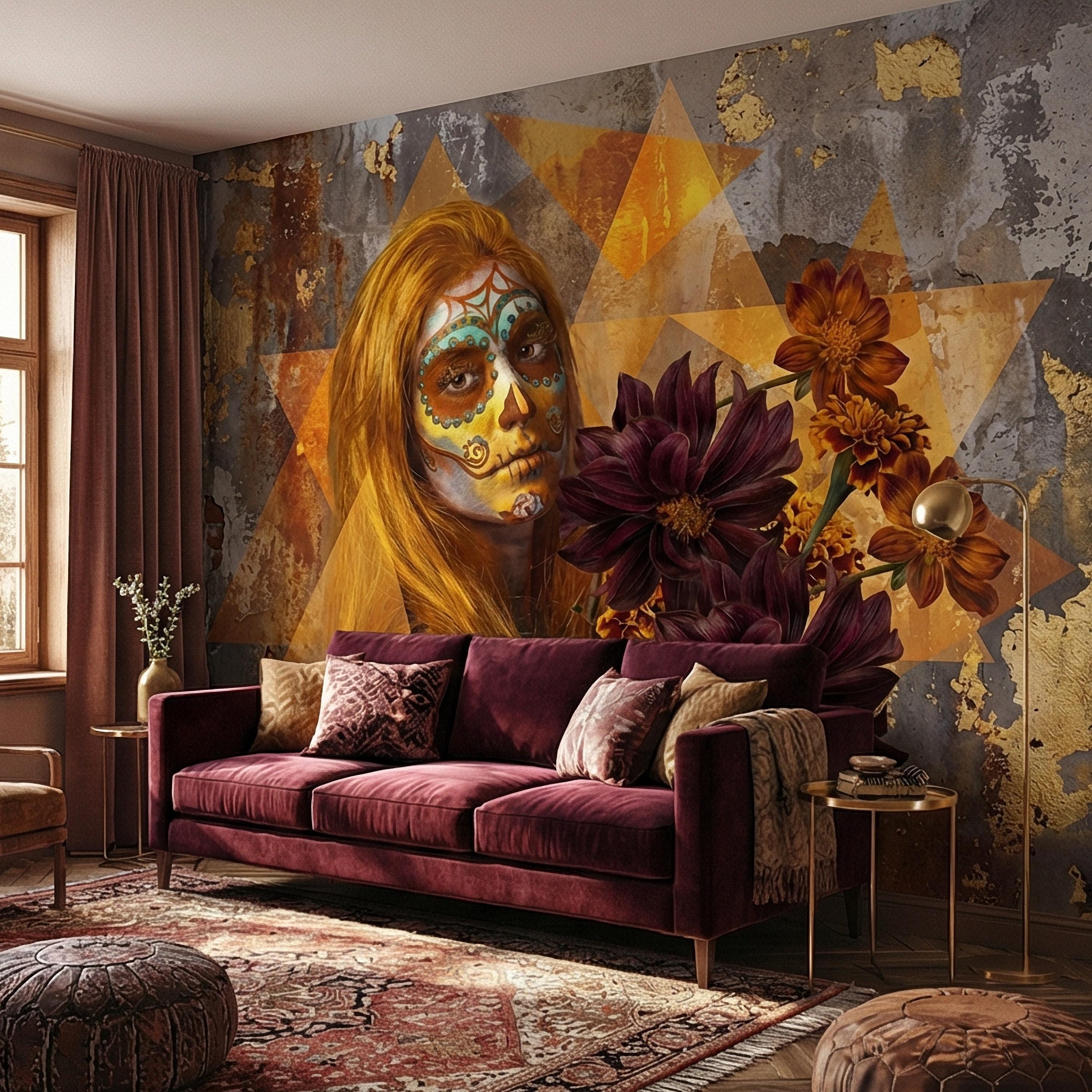 Sugar Skull Woman Peel and Stick Wall Mural, Day of the Dead Portrait, Mexican Marigold Flowers, Distressed Gold Foil Geometric Wallpaper
