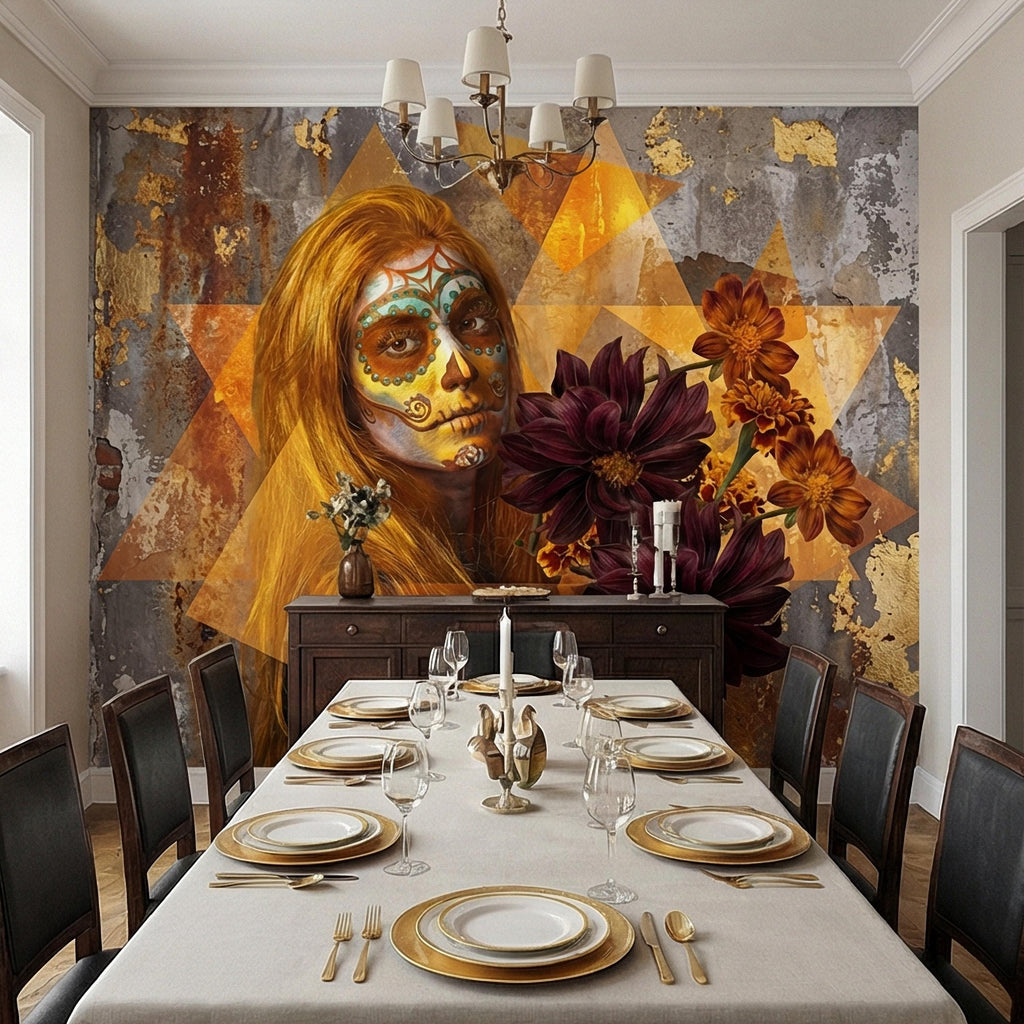 Sugar Skull Woman Peel and Stick Wall Mural, Day of the Dead Portrait, Mexican Marigold Flowers, Distressed Gold Foil Geometric Wallpaper