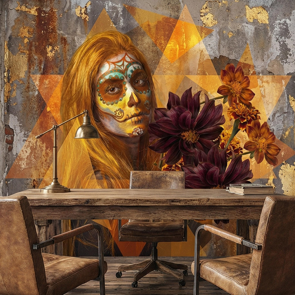 Sugar Skull Woman Peel and Stick Wall Mural, Day of the Dead Portrait, Mexican Marigold Flowers, Distressed Gold Foil Geometric Wallpaper