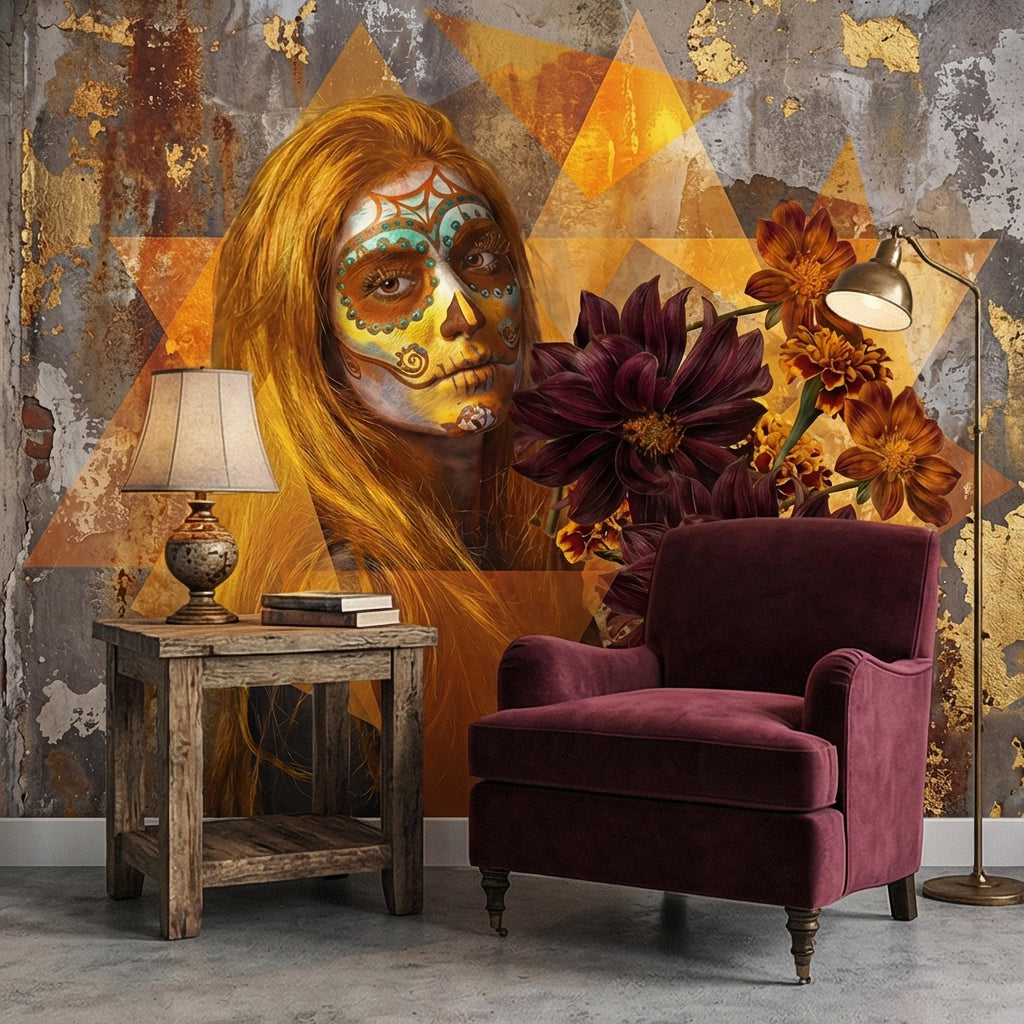 Sugar Skull Woman Peel and Stick Wall Mural, Day of the Dead Portrait, Mexican Marigold Flowers, Distressed Gold Foil Geometric Wallpaper
