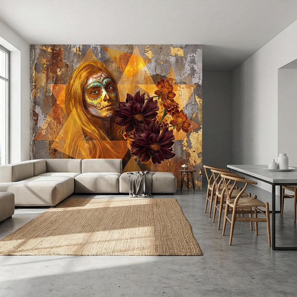 Sugar Skull Woman Peel and Stick Wall Mural, Day of the Dead Portrait, Mexican Marigold Flowers, Distressed Gold Foil Geometric Wallpaper