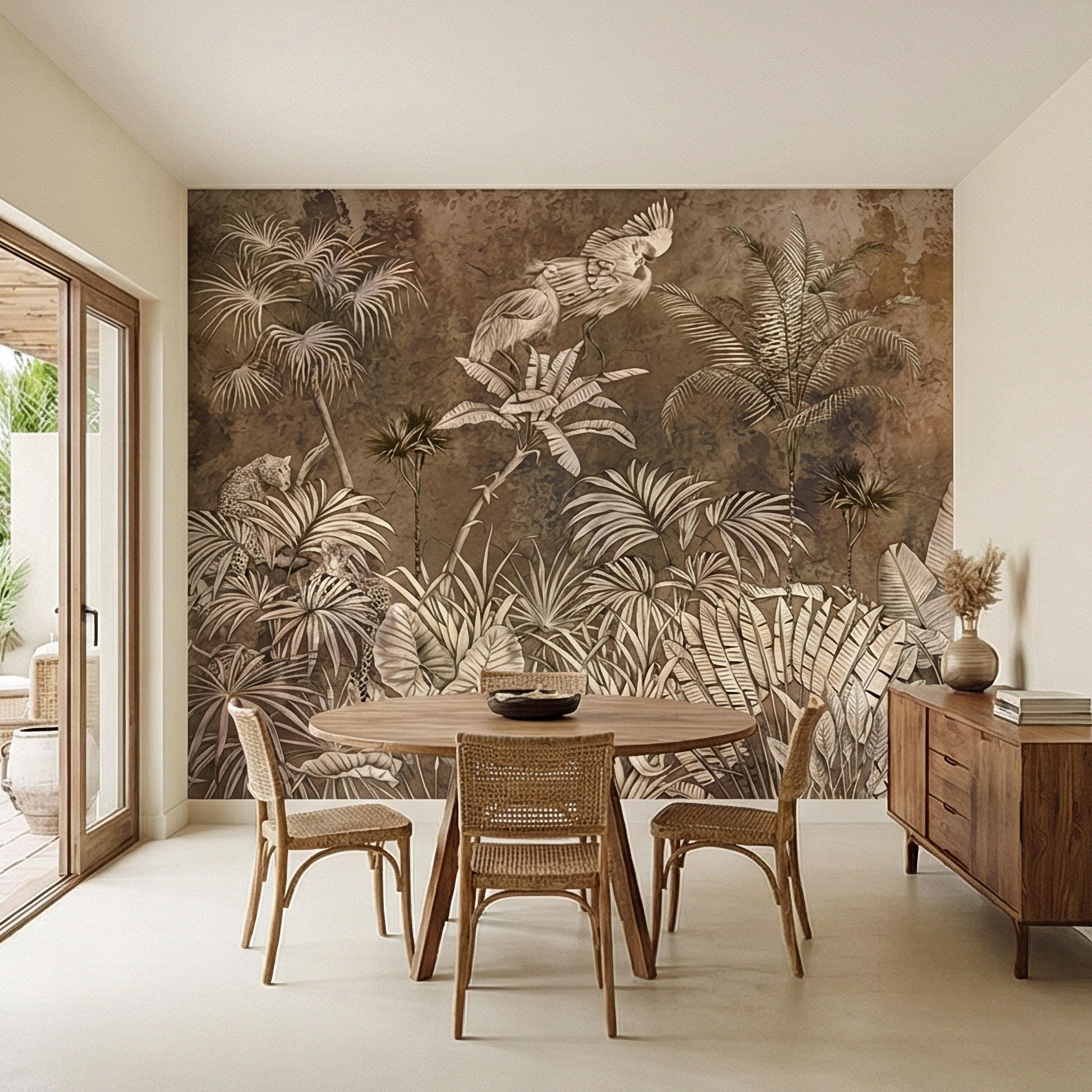 Vintage Safari Jungle Peel and Stick Wall Mural, Sepia Tropical Palm Leopards and Cranes, Monochrome Botanical Landscape Wallpaper