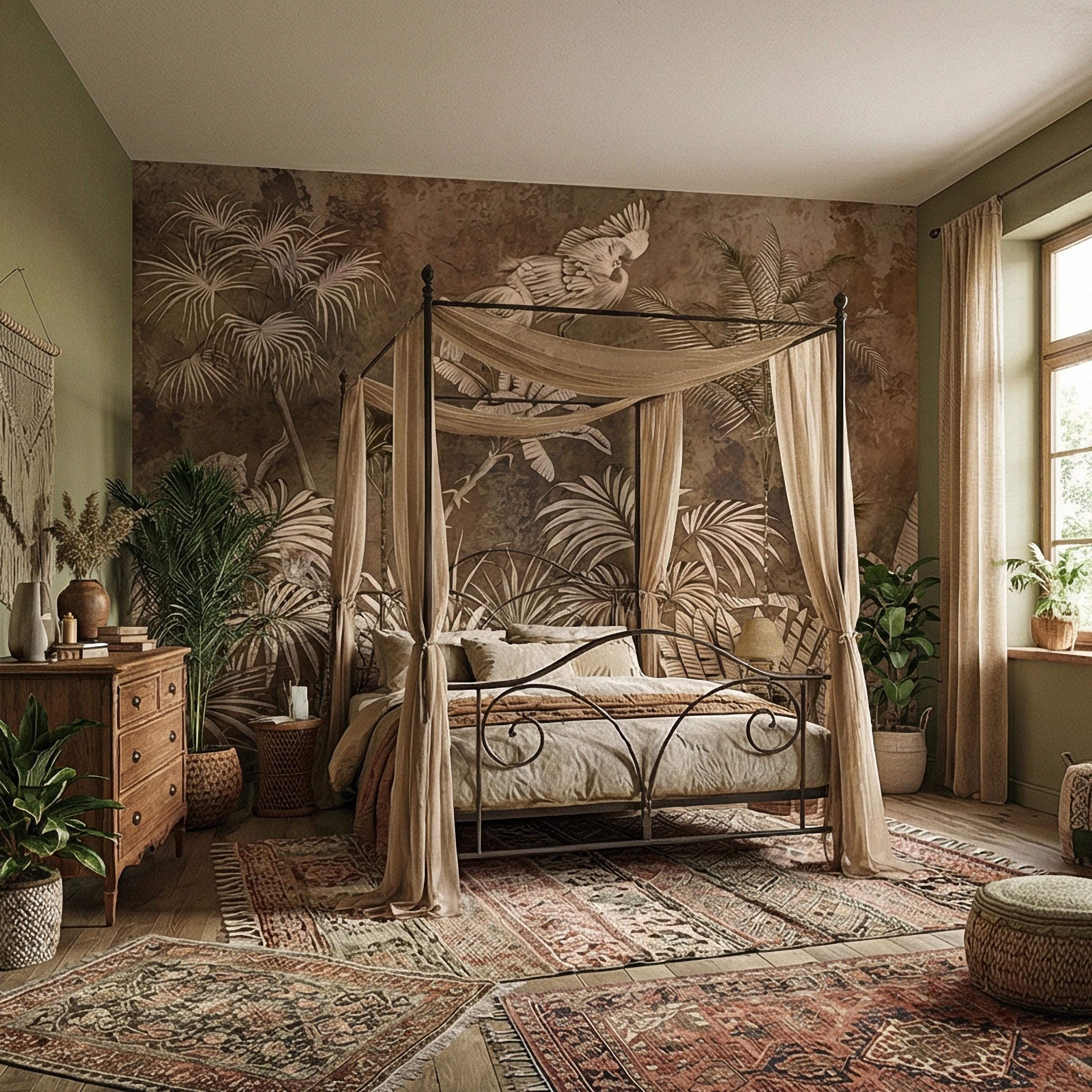 Vintage Safari Jungle Peel and Stick Wall Mural, Sepia Tropical Palm Leopards and Cranes, Monochrome Botanical Landscape Wallpaper