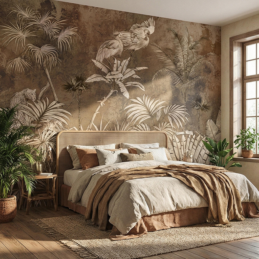 Vintage Safari Jungle Peel and Stick Wall Mural, Sepia Tropical Palm Leopards and Cranes, Monochrome Botanical Landscape Wallpaper