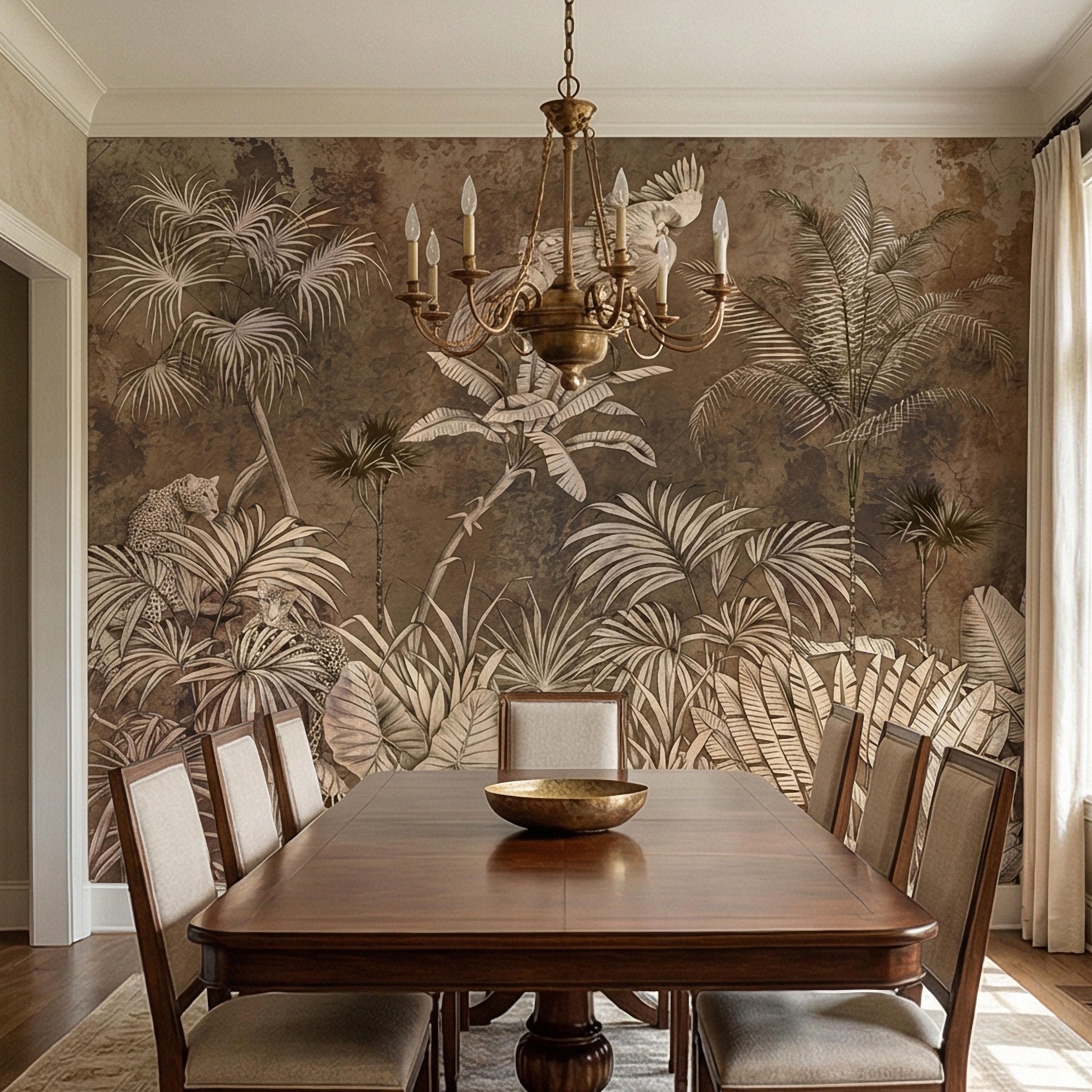 Vintage Safari Jungle Peel and Stick Wall Mural, Sepia Tropical Palm Leopards and Cranes, Monochrome Botanical Landscape Wallpaper