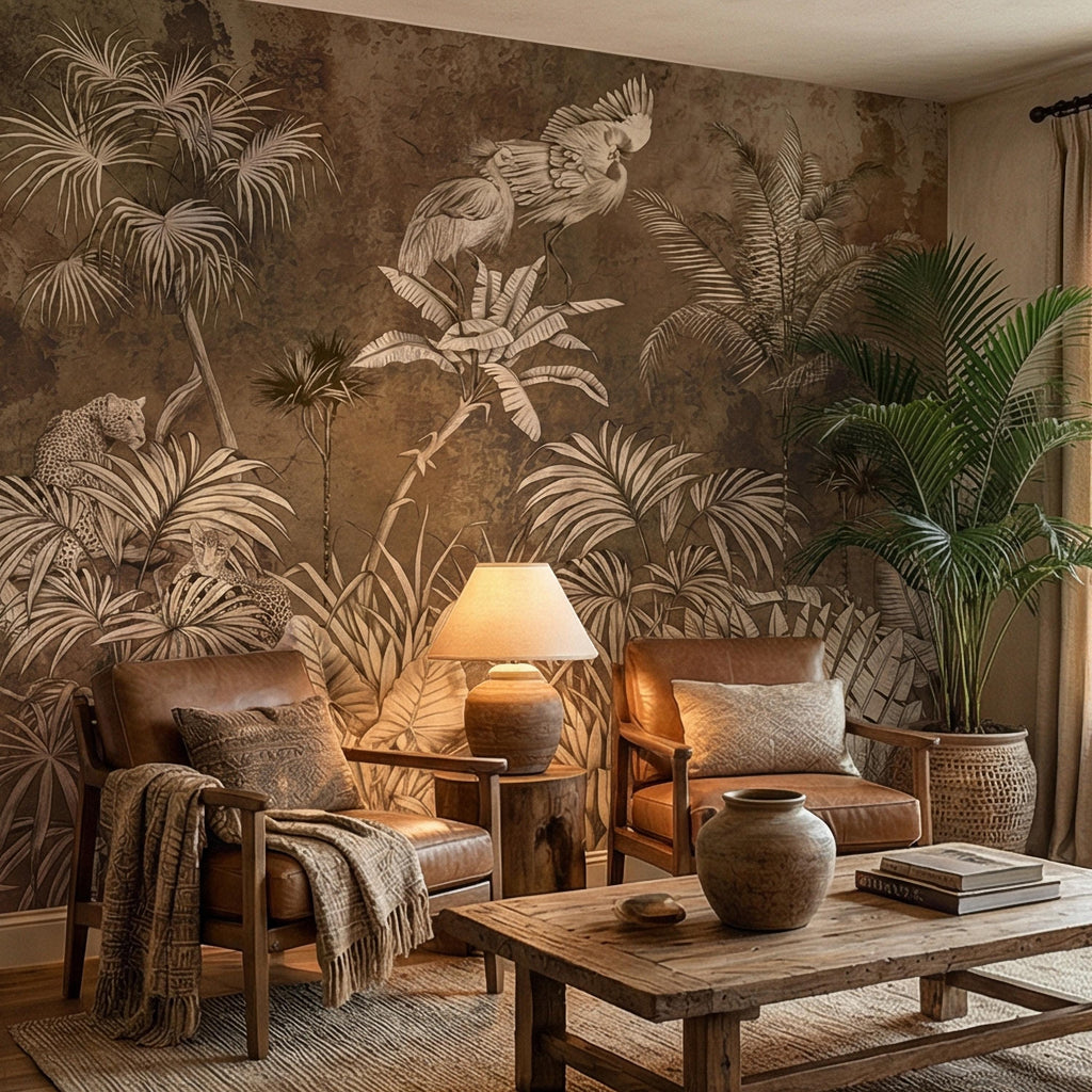Vintage Safari Jungle Peel and Stick Wall Mural, Sepia Tropical Palm Leopards and Cranes, Monochrome Botanical Landscape Wallpaper