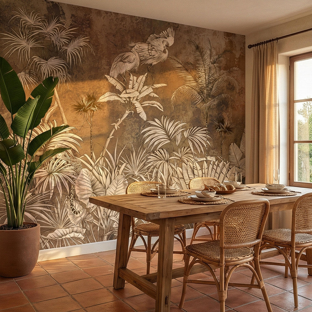 Vintage Safari Jungle Peel and Stick Wall Mural, Sepia Tropical Palm Leopards and Cranes, Monochrome Botanical Landscape Wallpaper