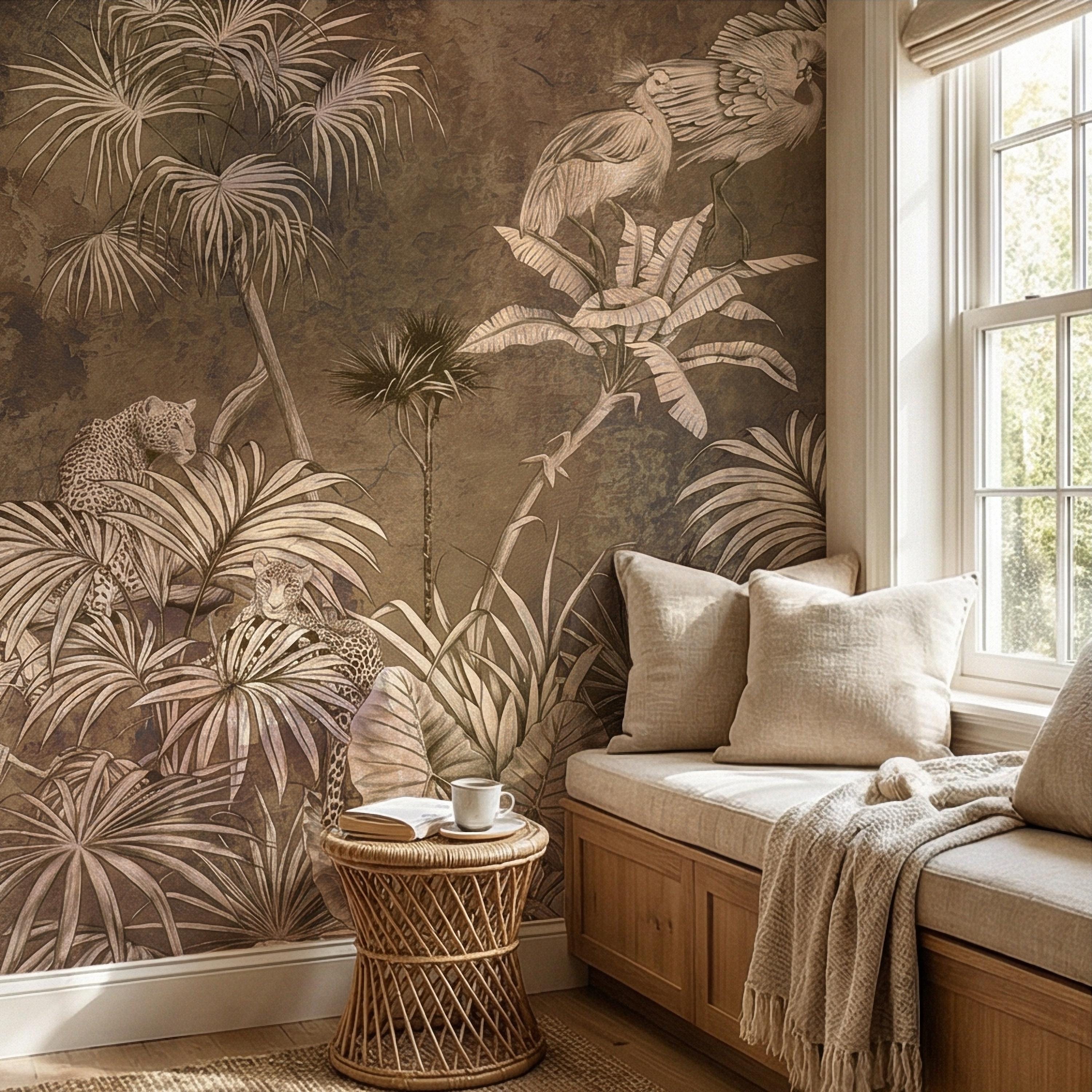 Vintage Safari Jungle Peel and Stick Wall Mural, Sepia Tropical Palm Leopards and Cranes, Monochrome Botanical Landscape Wallpaper