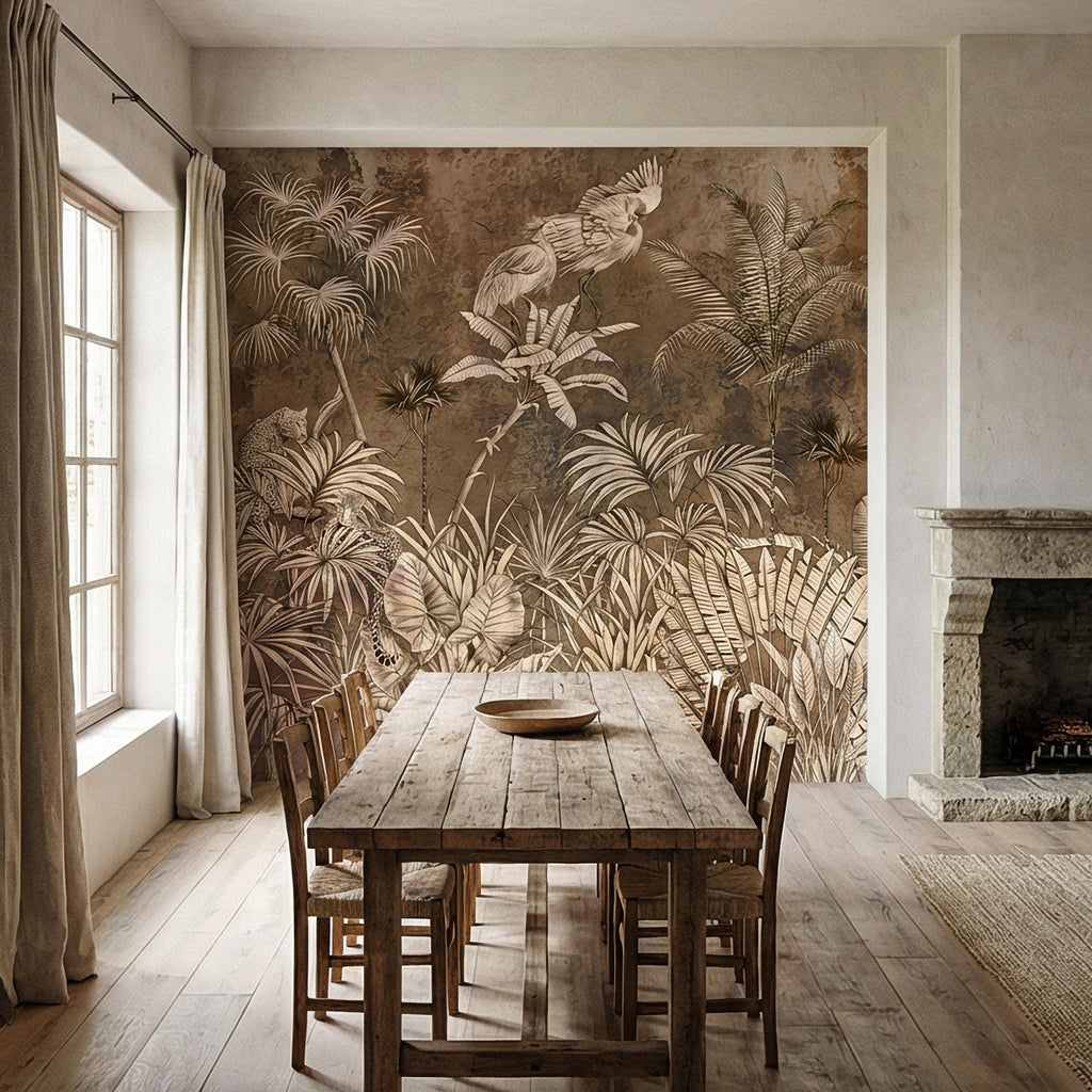 Vintage Safari Jungle Peel and Stick Wall Mural, Sepia Tropical Palm Leopards and Cranes, Monochrome Botanical Landscape Wallpaper