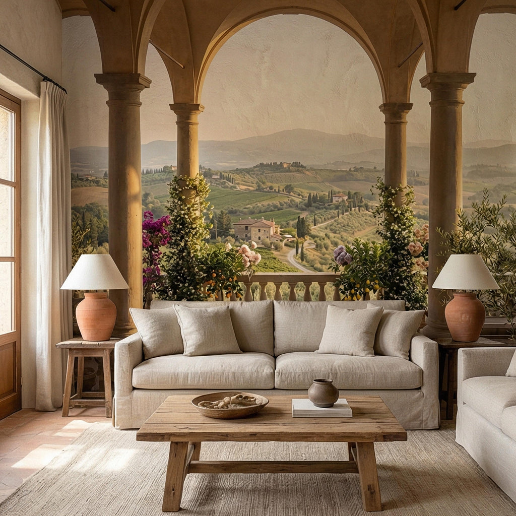 Tuscan Veranda Peel and Stick Wall Mural, Italian Countryside View, Old World Mediterranean Villa Landscape Wallpaper