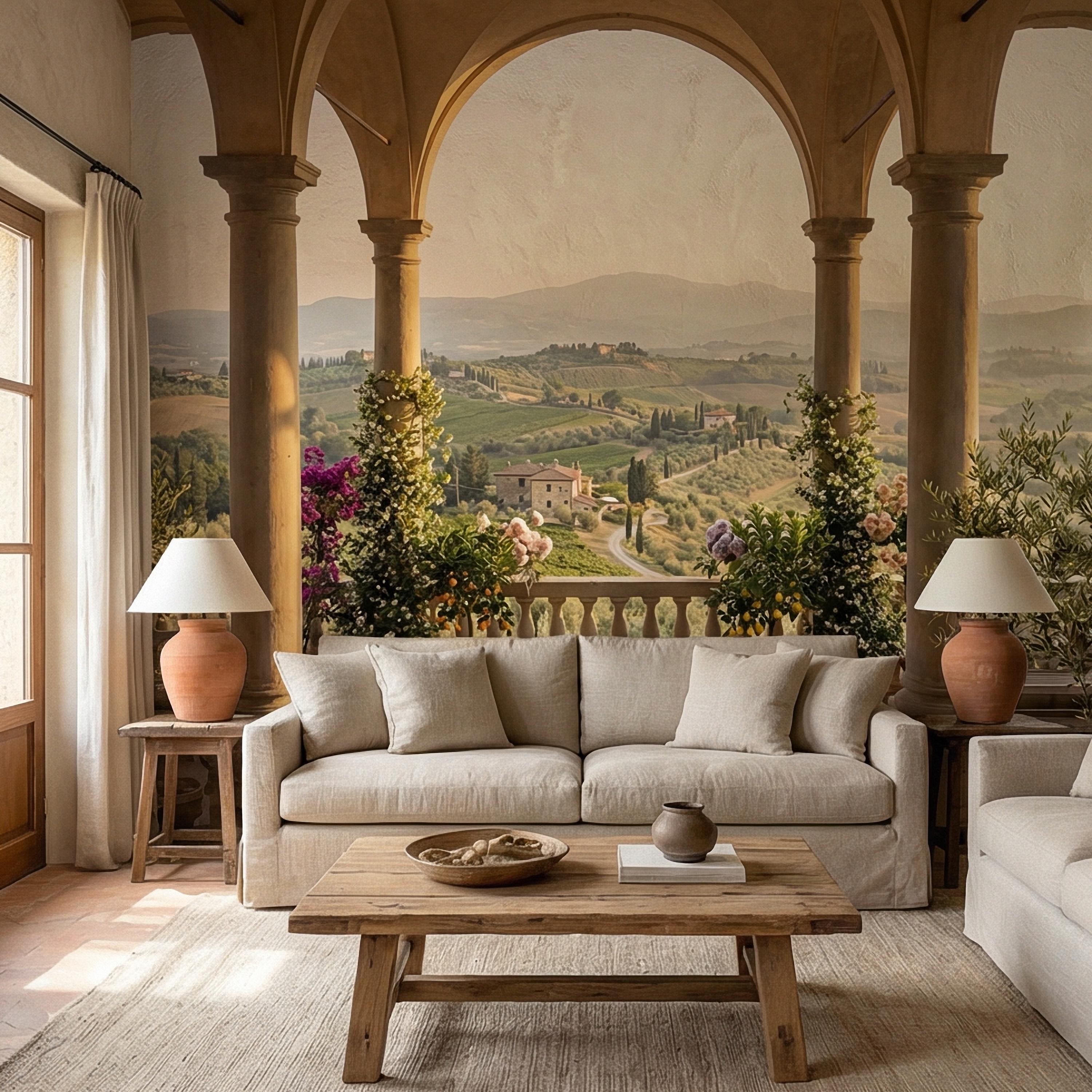 Tuscan Veranda Peel and Stick Wall Mural, Italian Countryside View, Old World Mediterranean Villa Landscape Wallpaper