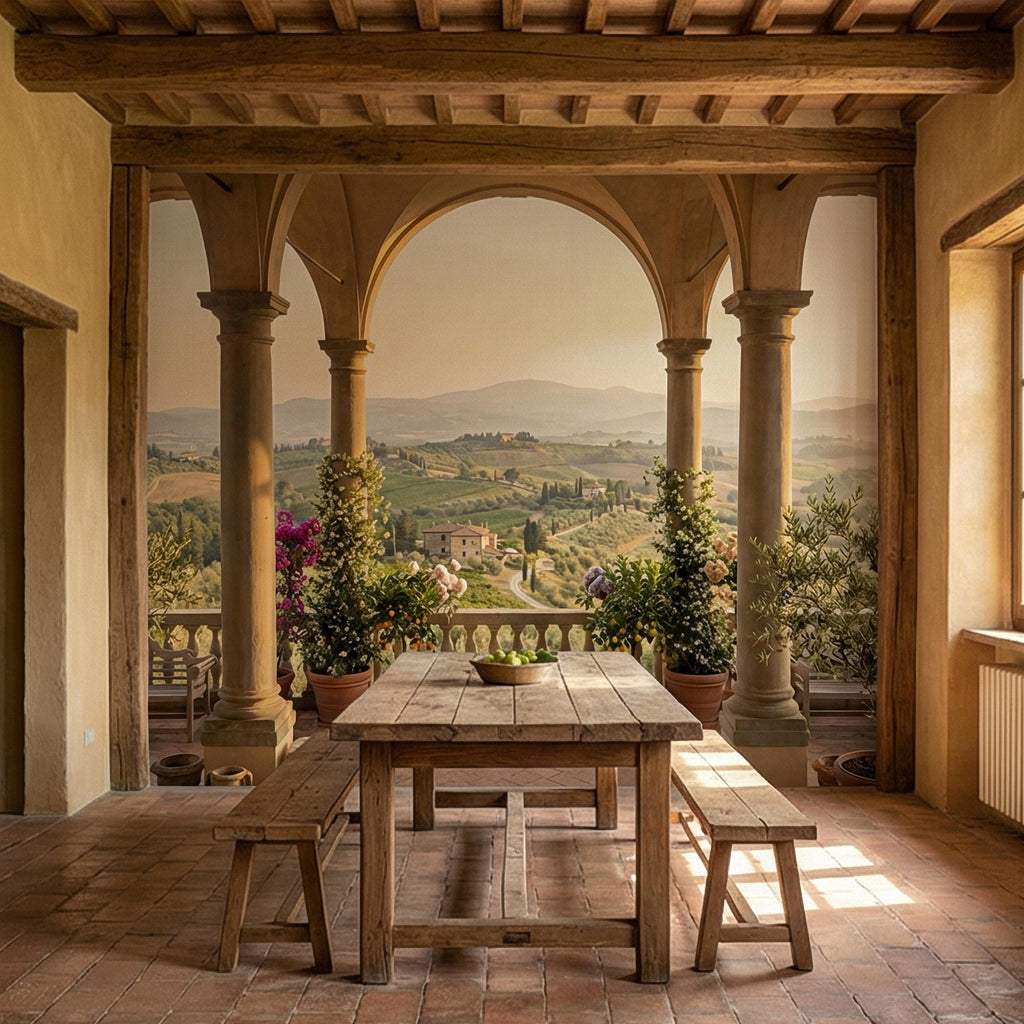 Tuscan Veranda Peel and Stick Wall Mural, Italian Countryside View, Old World Mediterranean Villa Landscape Wallpaper