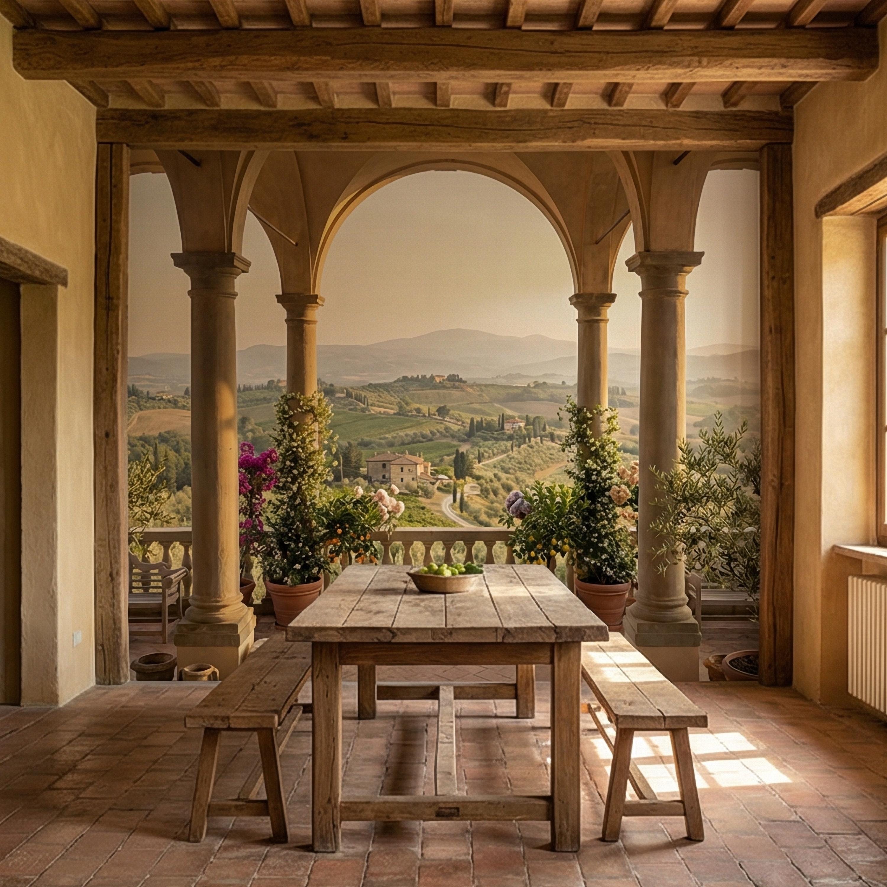 Tuscan Veranda Peel and Stick Wall Mural, Italian Countryside View, Old World Mediterranean Villa Landscape Wallpaper