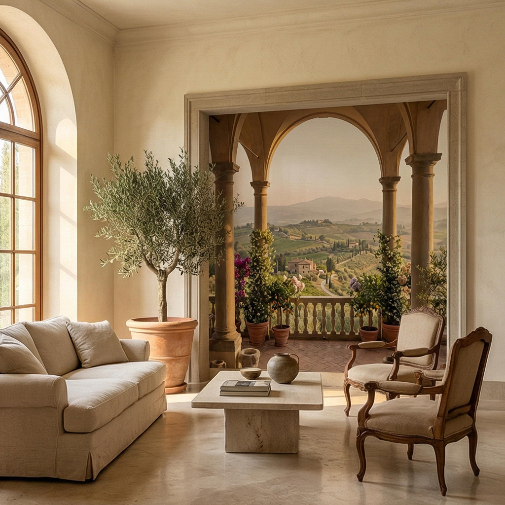 Tuscan Veranda Peel and Stick Wall Mural, Italian Countryside View, Old World Mediterranean Villa Landscape Wallpaper