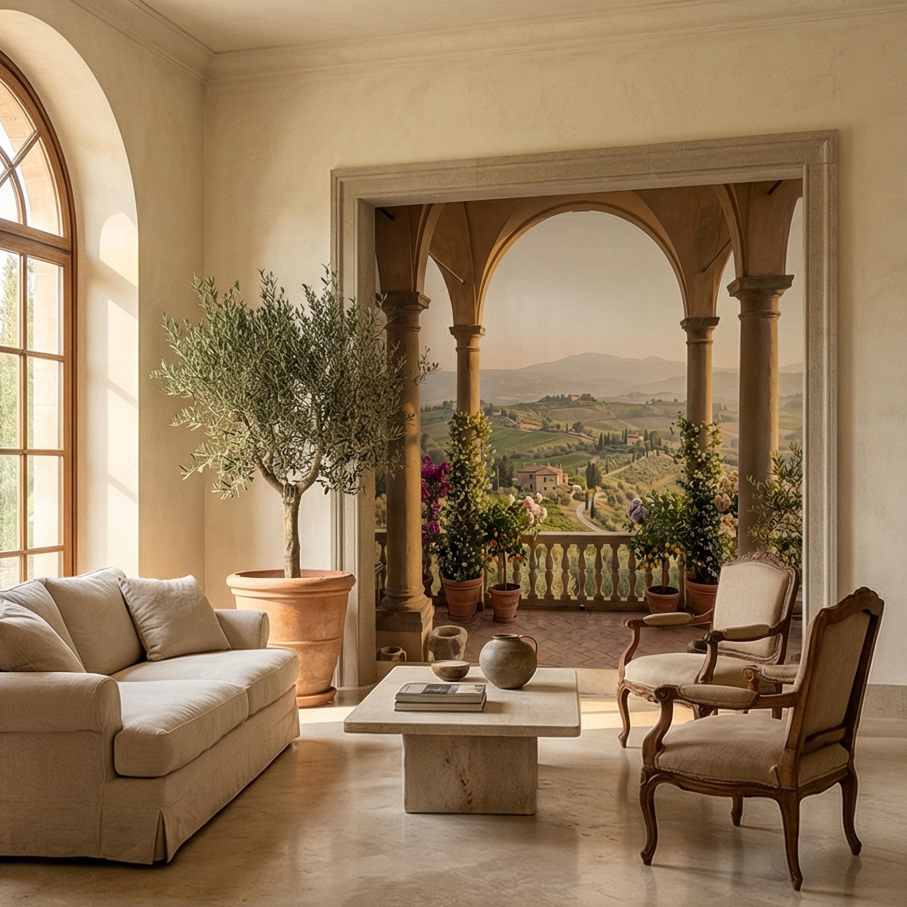 Tuscan Veranda Peel and Stick Wall Mural, Italian Countryside View, Old World Mediterranean Villa Landscape Wallpaper