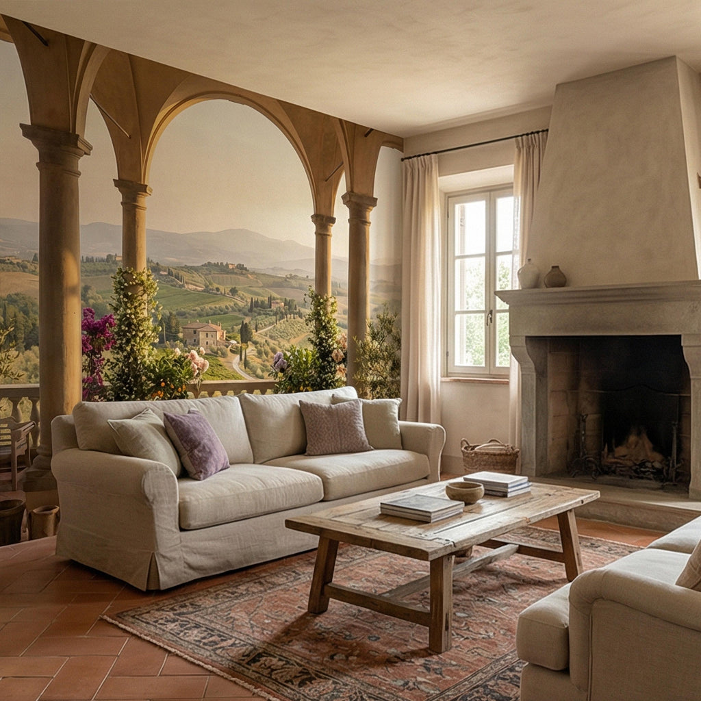 Tuscan Veranda Peel and Stick Wall Mural, Italian Countryside View, Old World Mediterranean Villa Landscape Wallpaper