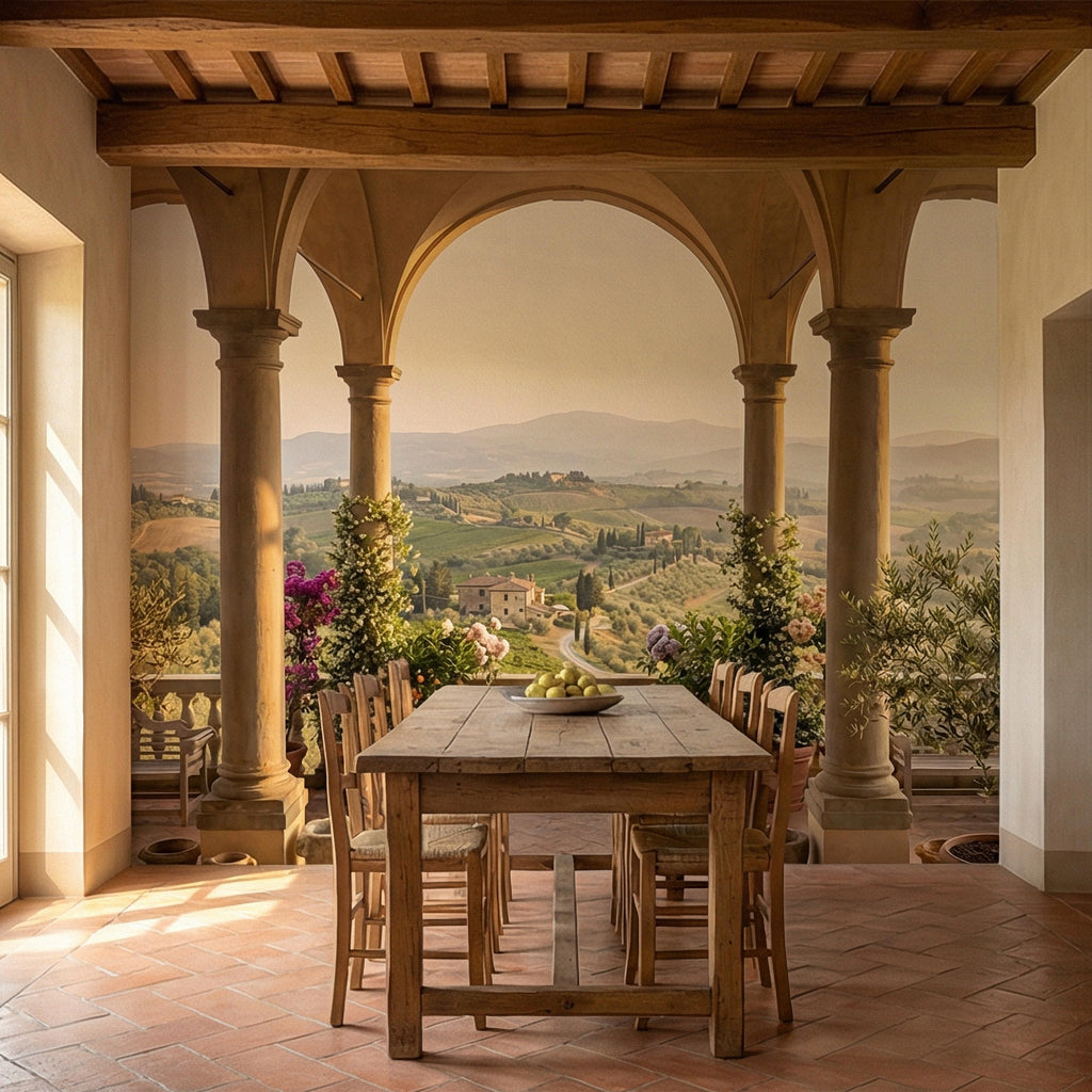 Tuscan Veranda Peel and Stick Wall Mural, Italian Countryside View, Old World Mediterranean Villa Landscape Wallpaper