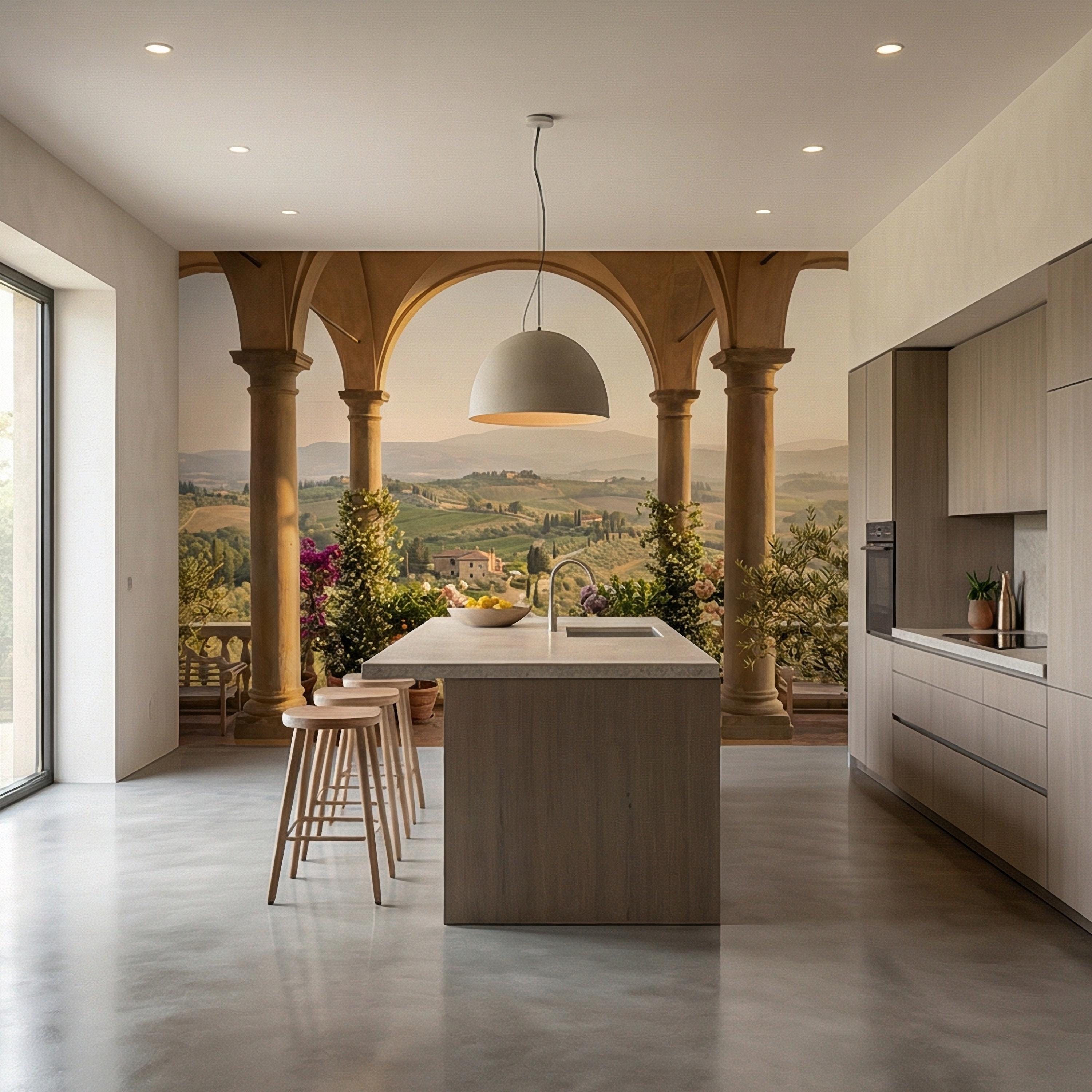 Tuscan Veranda Peel and Stick Wall Mural, Italian Countryside View, Old World Mediterranean Villa Landscape Wallpaper