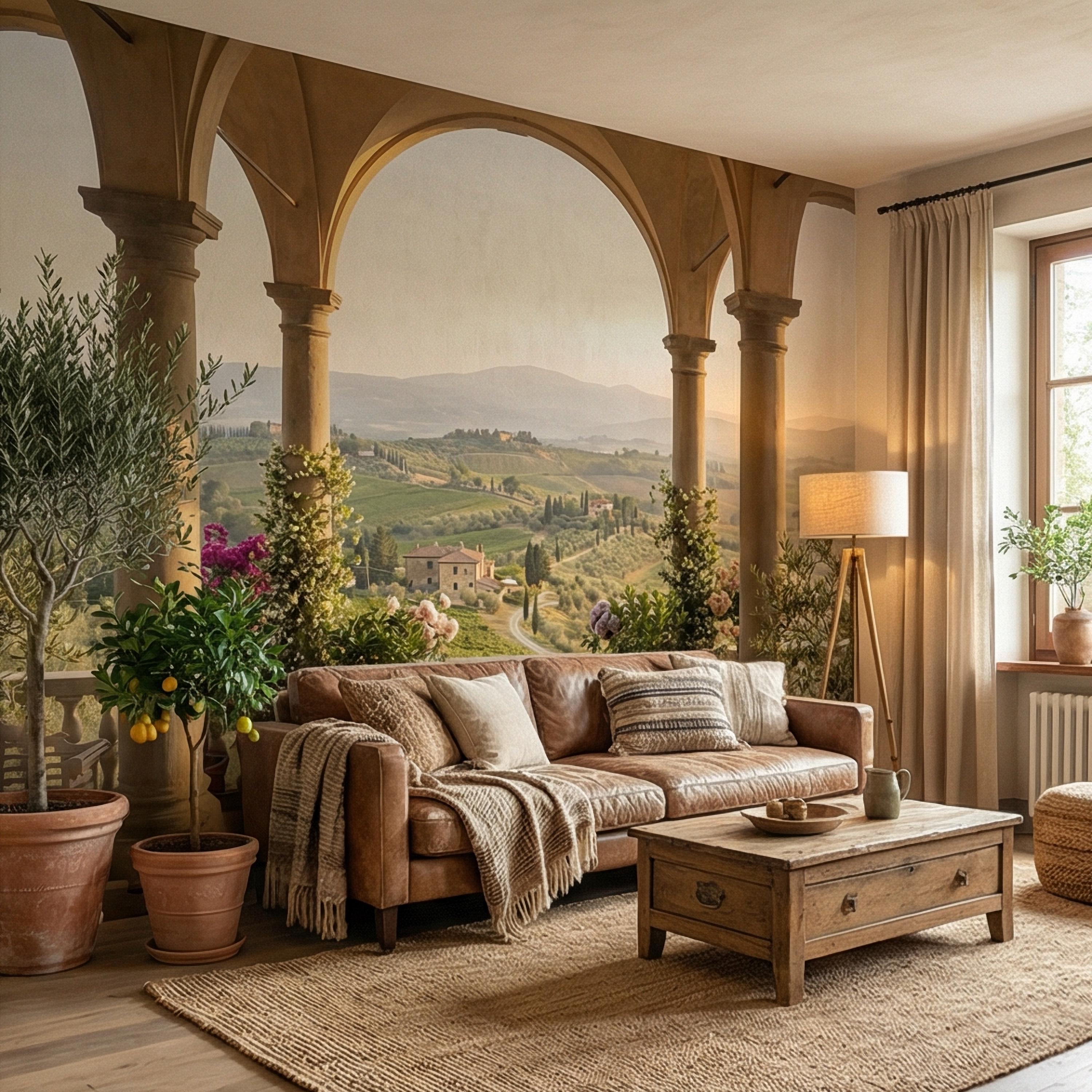 Tuscan Veranda Peel and Stick Wall Mural, Italian Countryside View, Old World Mediterranean Villa Landscape Wallpaper
