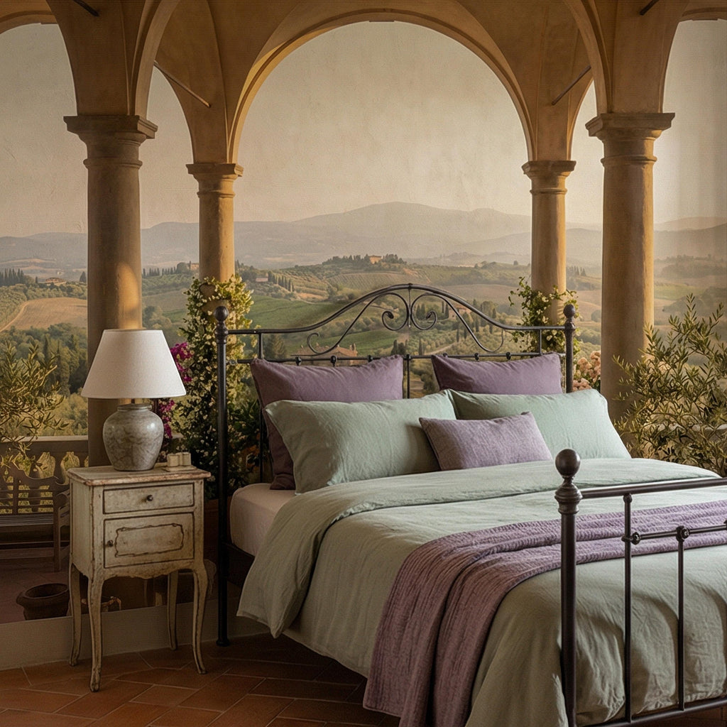 Tuscan Veranda Peel and Stick Wall Mural, Italian Countryside View, Old World Mediterranean Villa Landscape Wallpaper