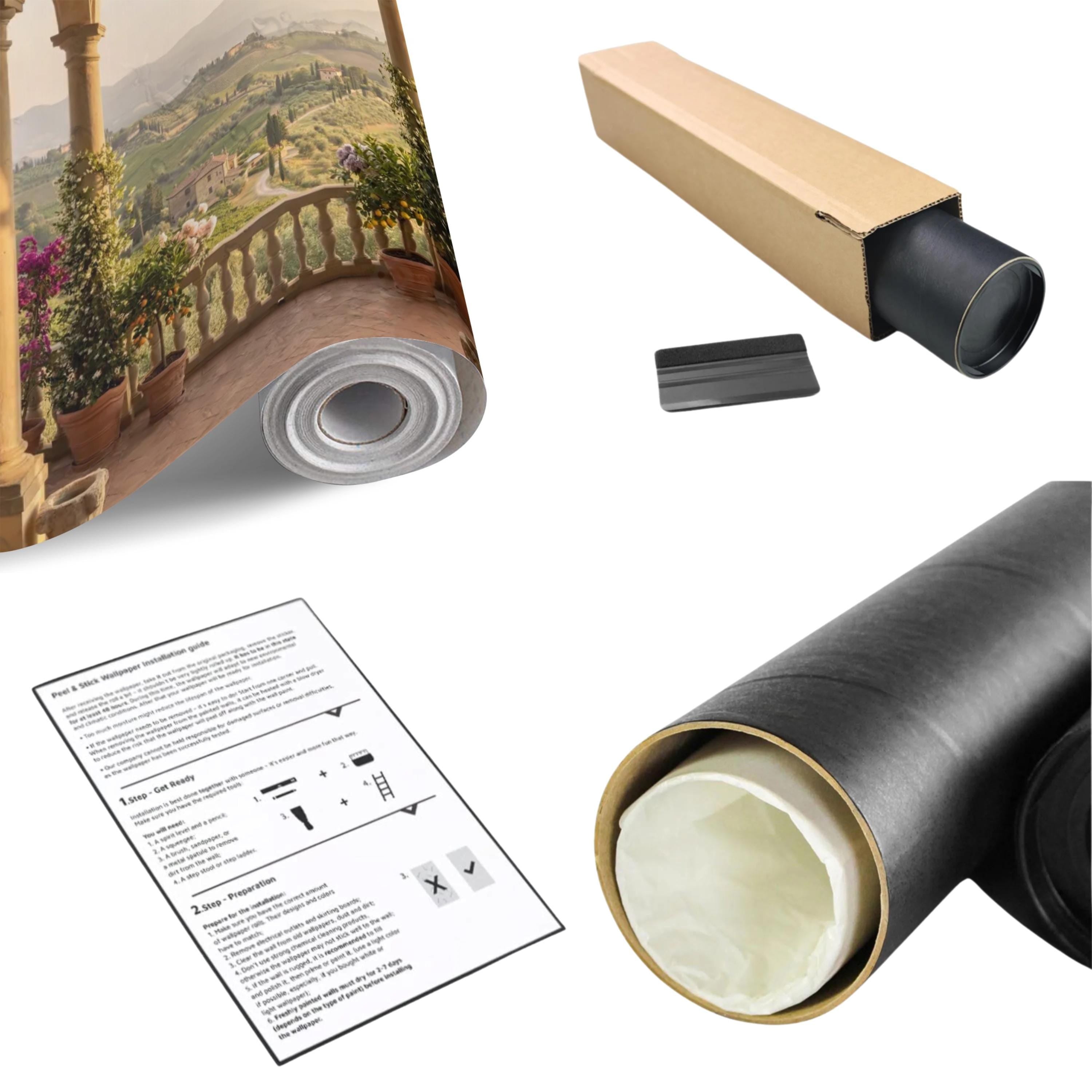 Tuscan Veranda Peel and Stick Wall Mural, Italian Countryside View, Old World Mediterranean Villa Landscape Wallpaper