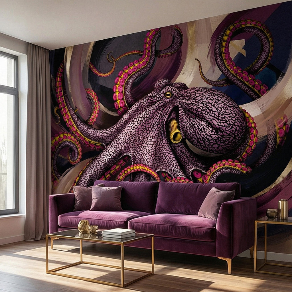 Giant Octopus Peel and Stick Wall Mural, Bold Purple Tentacles, Deep Sea Creature, Moody Nautical Abstract Wallpaper