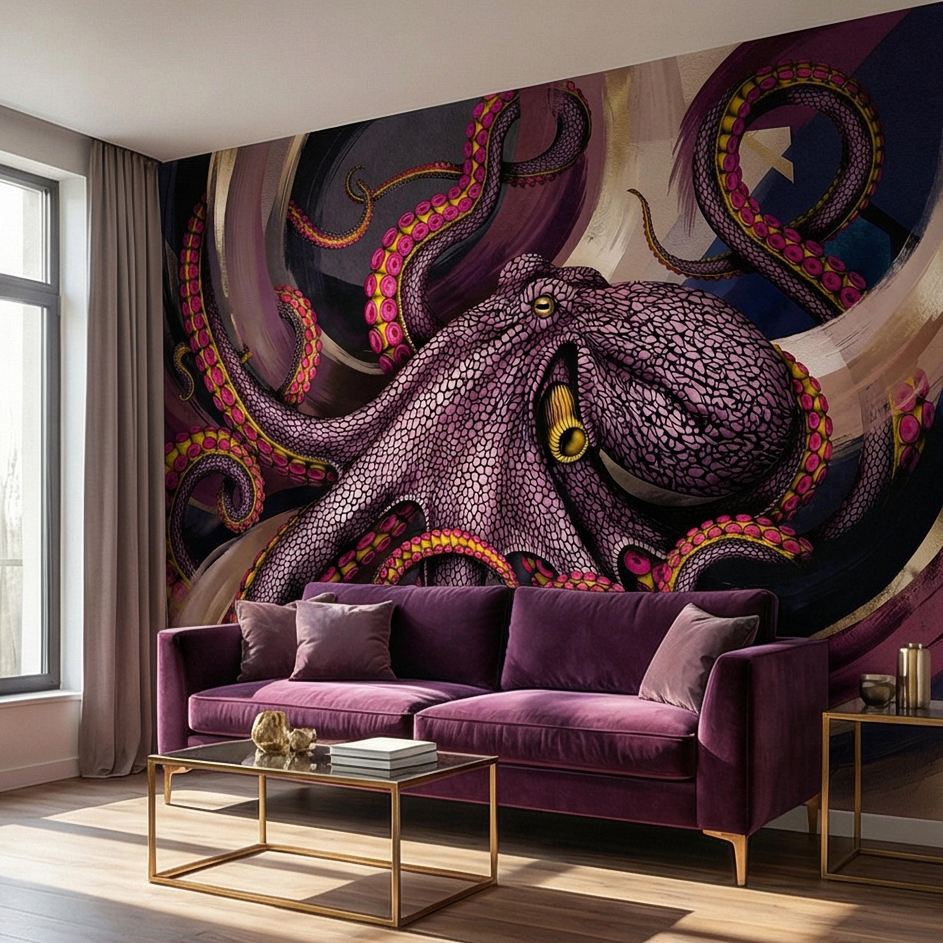 Giant Octopus Peel and Stick Wall Mural, Bold Purple Tentacles, Deep Sea Creature, Moody Nautical Abstract Wallpaper