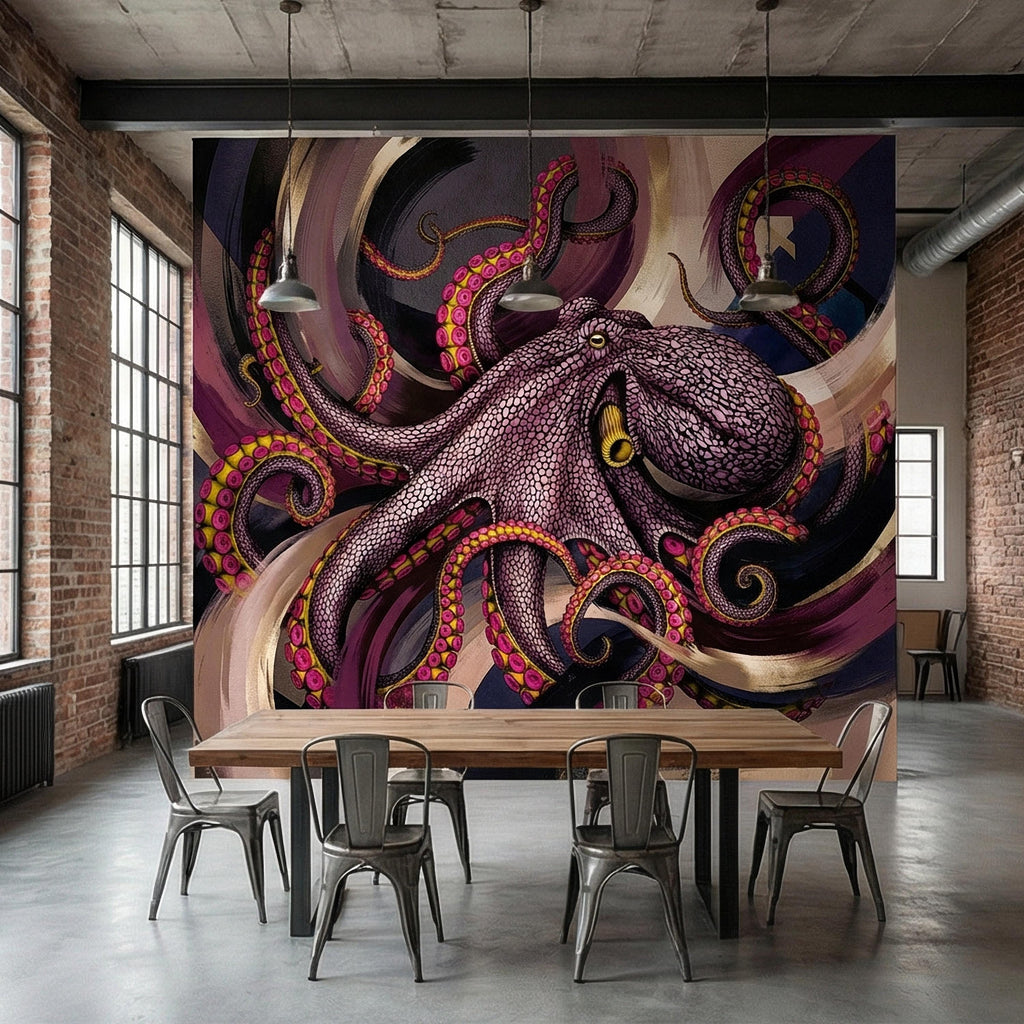 Giant Octopus Peel and Stick Wall Mural, Bold Purple Tentacles, Deep Sea Creature, Moody Nautical Abstract Wallpaper