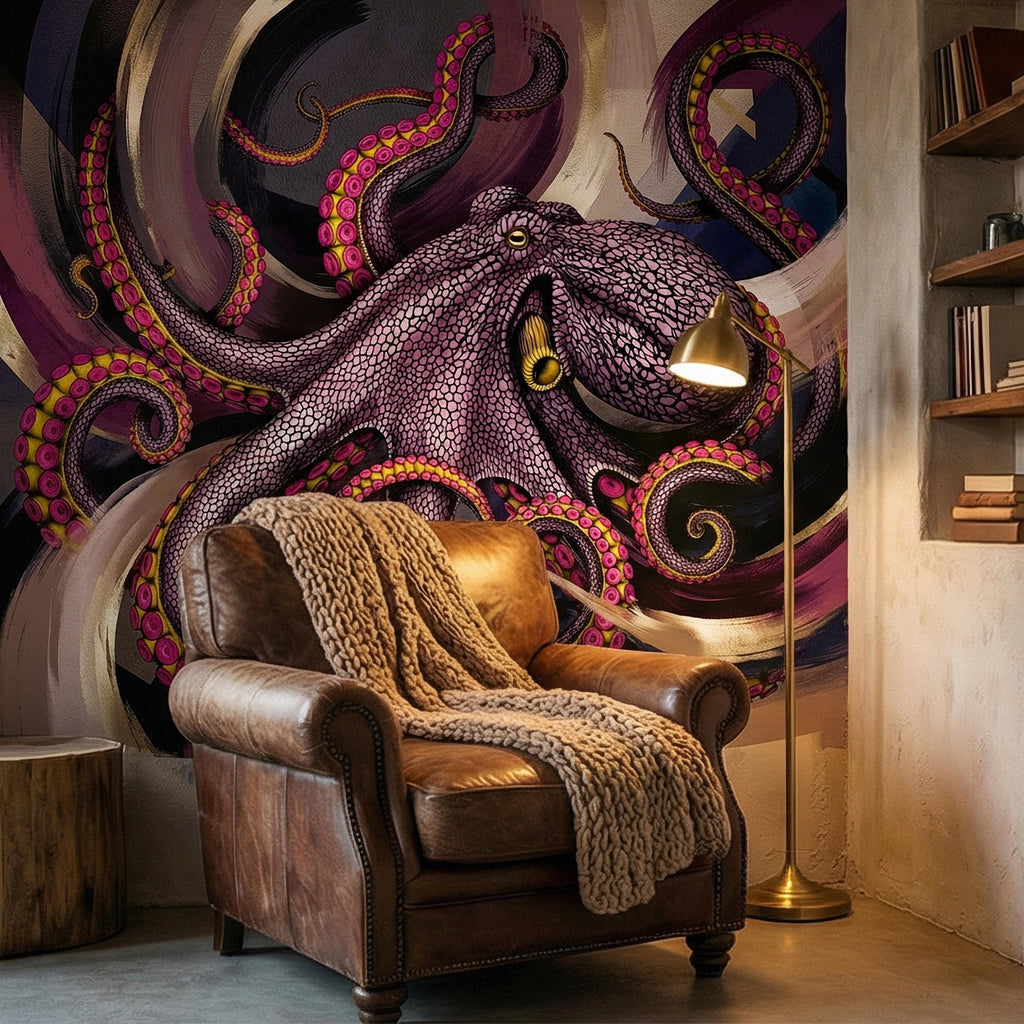 Giant Octopus Peel and Stick Wall Mural, Bold Purple Tentacles, Deep Sea Creature, Moody Nautical Abstract Wallpaper