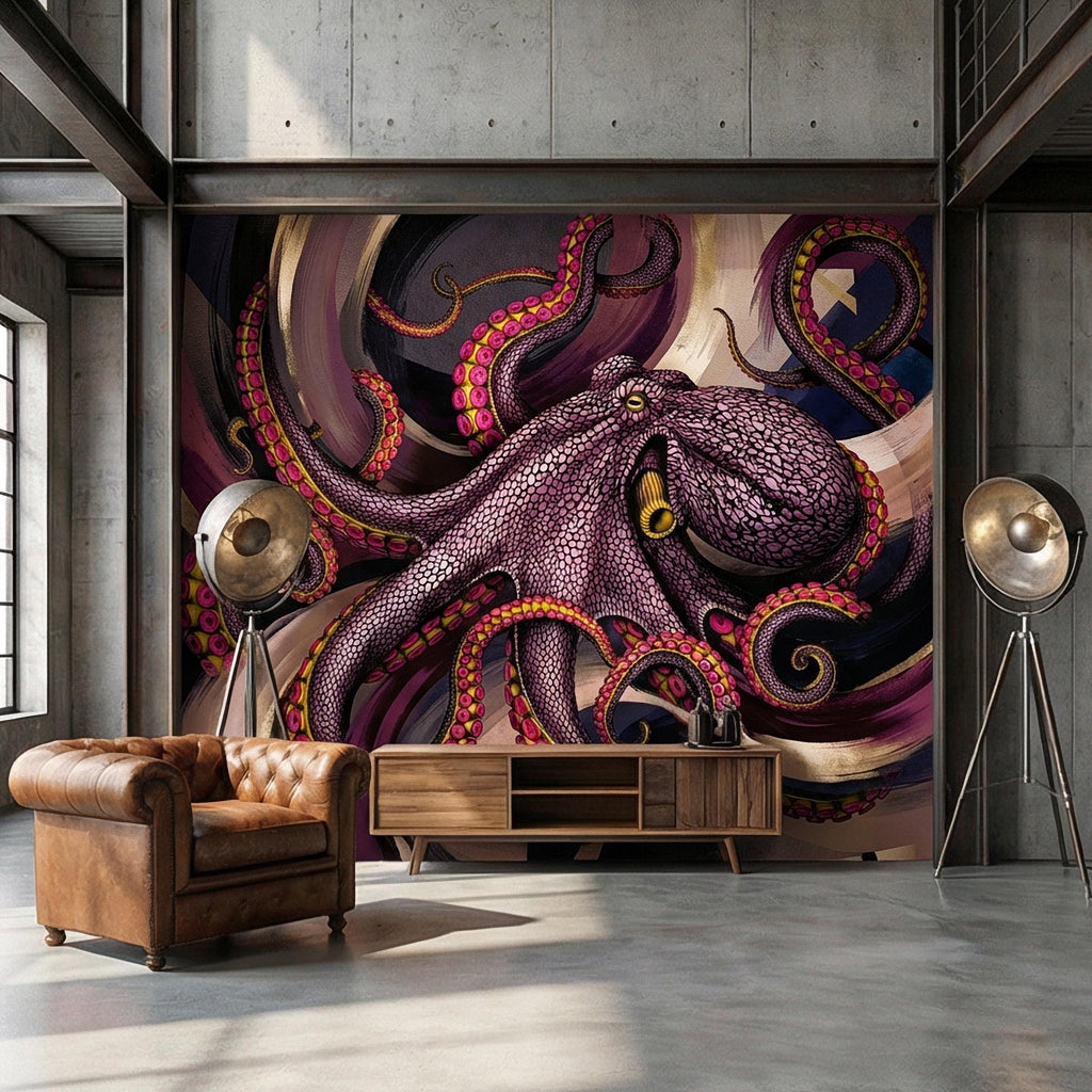 Giant Octopus Peel and Stick Wall Mural, Bold Purple Tentacles, Deep Sea Creature, Moody Nautical Abstract Wallpaper
