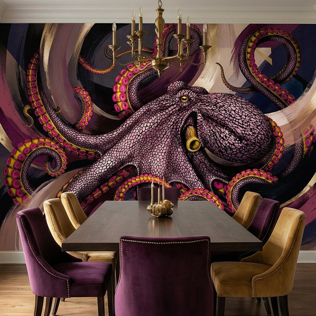 Giant Octopus Peel and Stick Wall Mural, Bold Purple Tentacles, Deep Sea Creature, Moody Nautical Abstract Wallpaper