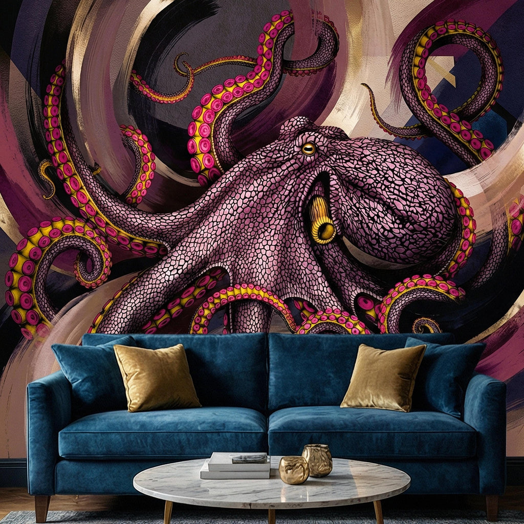 Giant Octopus Peel and Stick Wall Mural, Bold Purple Tentacles, Deep Sea Creature, Moody Nautical Abstract Wallpaper