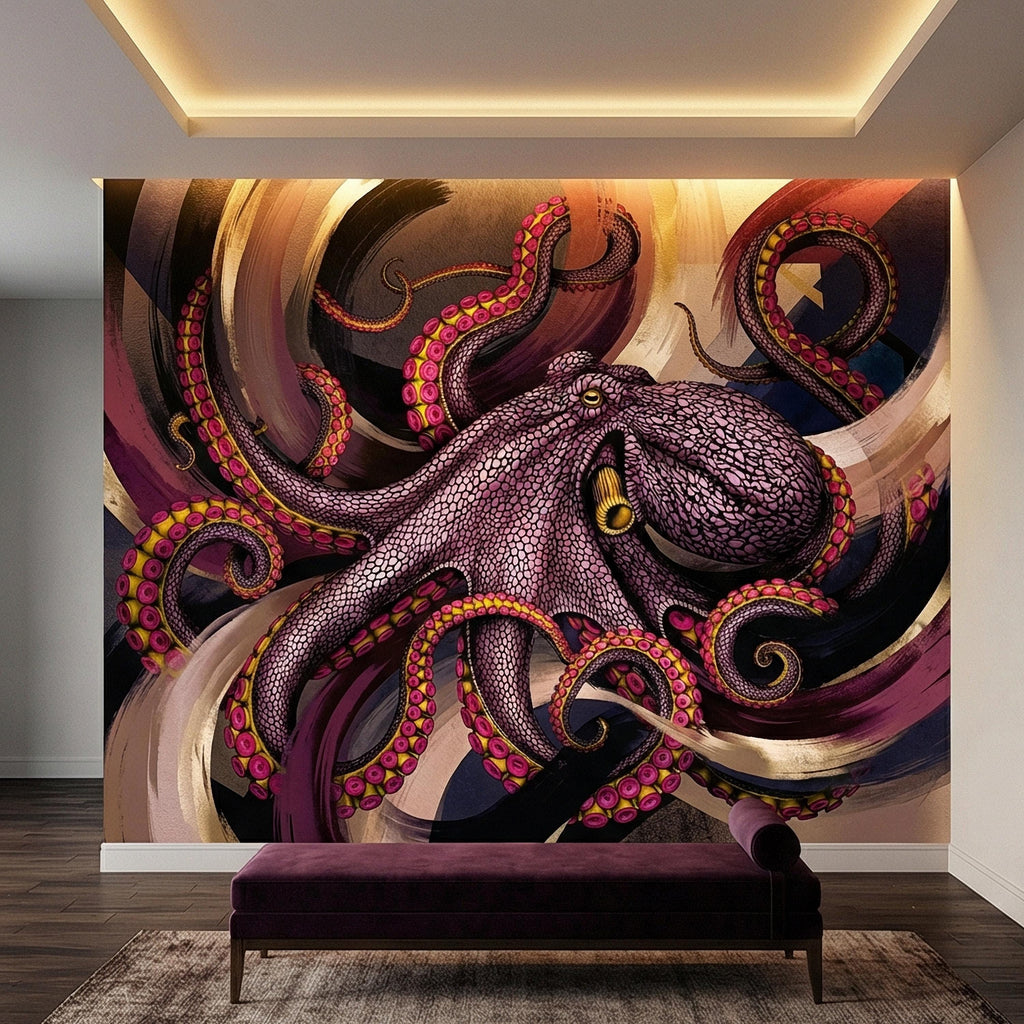 Giant Octopus Peel and Stick Wall Mural, Bold Purple Tentacles, Deep Sea Creature, Moody Nautical Abstract Wallpaper