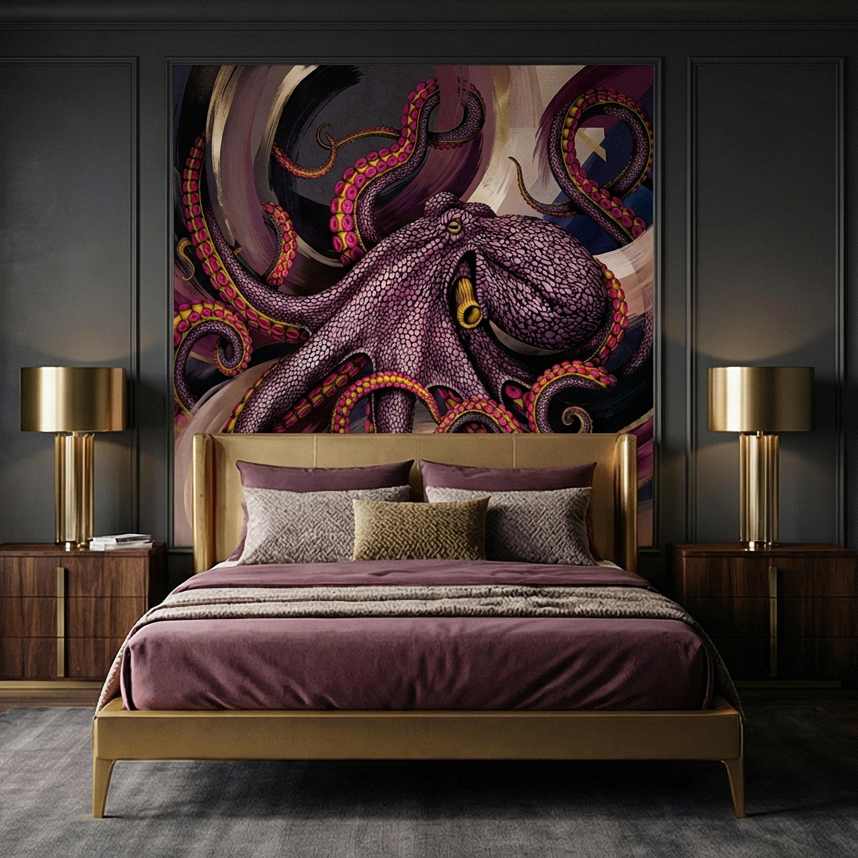 Giant Octopus Peel and Stick Wall Mural, Bold Purple Tentacles, Deep Sea Creature, Moody Nautical Abstract Wallpaper