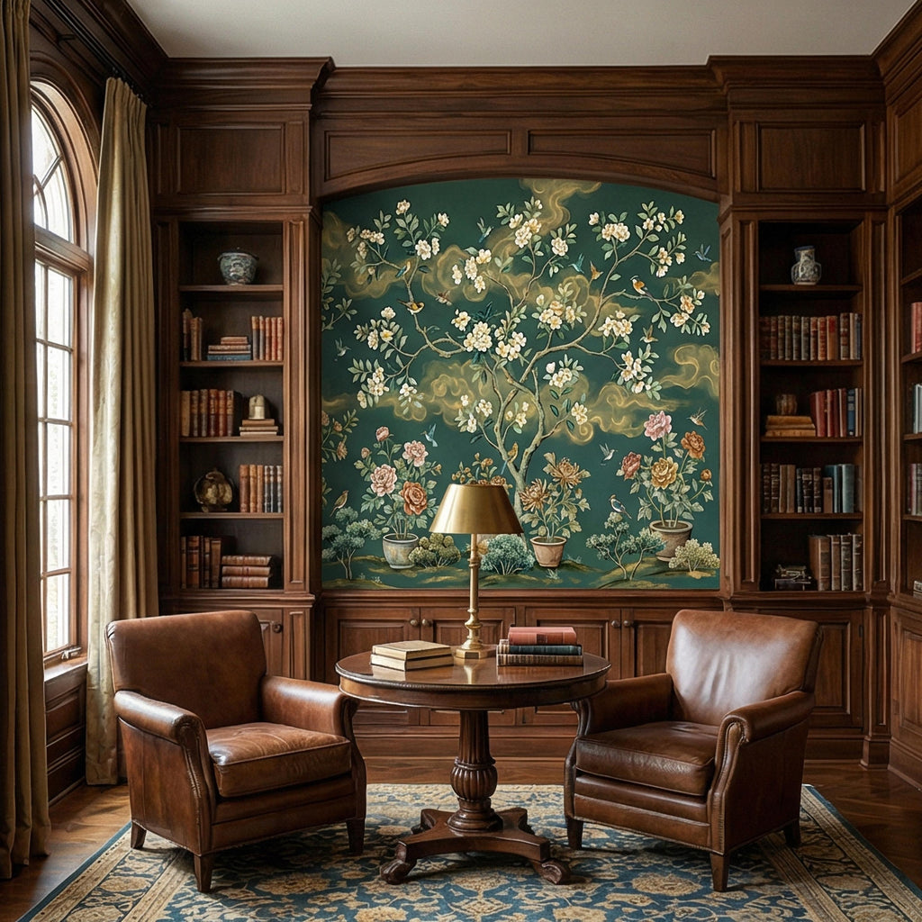 Vintage Emerald Green Chinoiserie Peel and Stick Wall Mural, Hand Painted Floral Bird Blossom Tree Garden Wallpaper