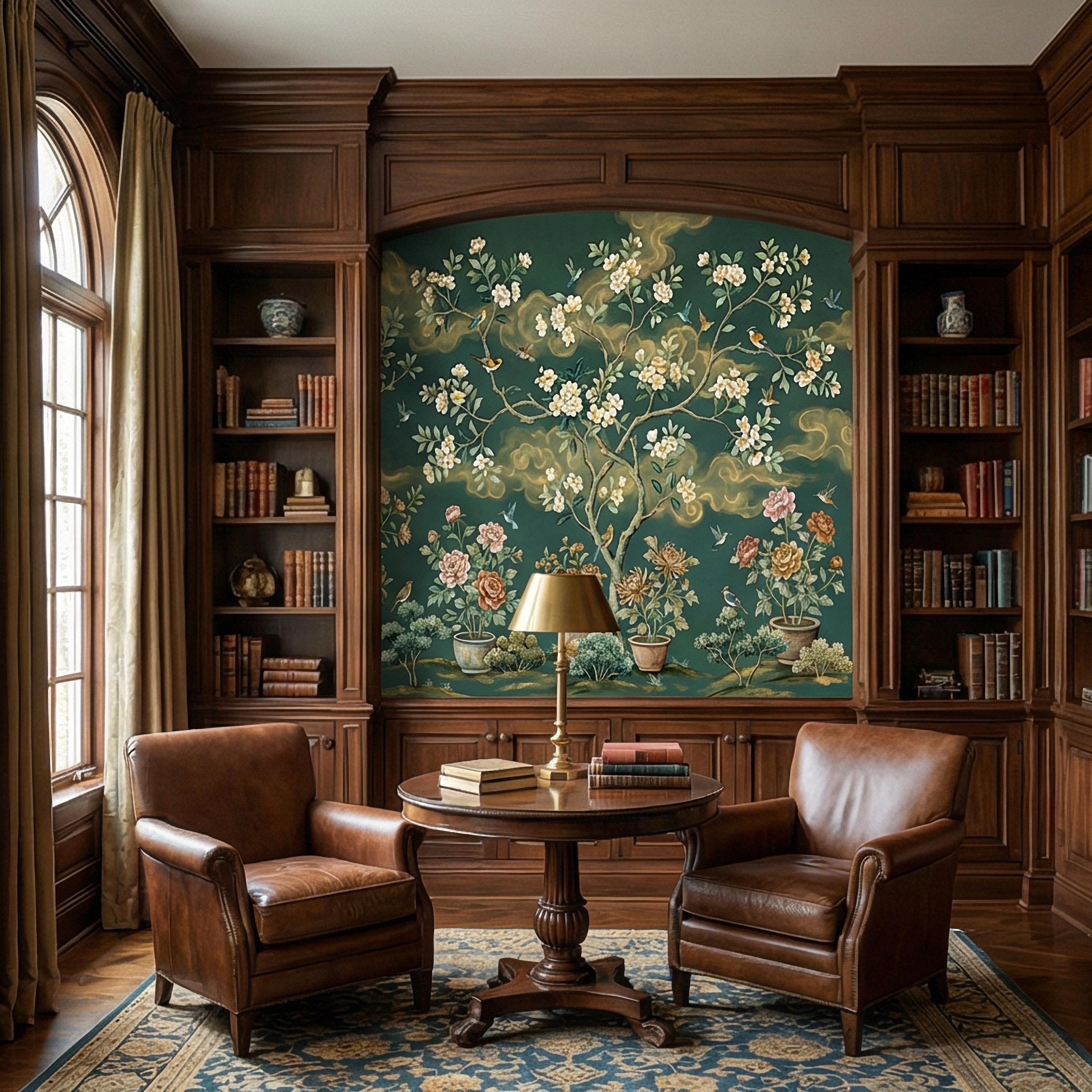 Vintage Emerald Green Chinoiserie Peel and Stick Wall Mural, Hand Painted Floral Bird Blossom Tree Garden Wallpaper