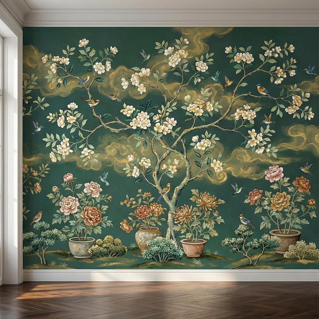 Vintage Emerald Green Chinoiserie Peel and Stick Wall Mural, Hand Painted Floral Bird Blossom Tree Garden Wallpaper