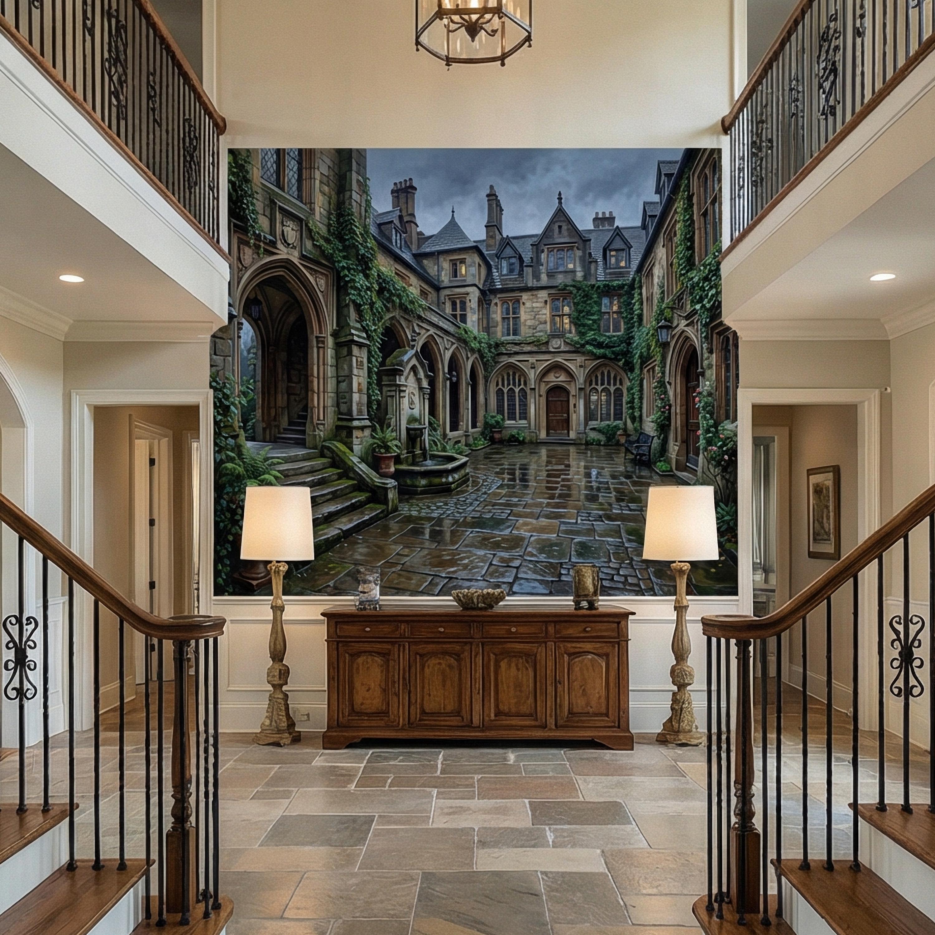 Gothic Courtyard Peel and Stick Wall Mural, Ivy Covered English Manor, Moody Dark Academia Castle, Rainy Old World Architecture Wallpaper
