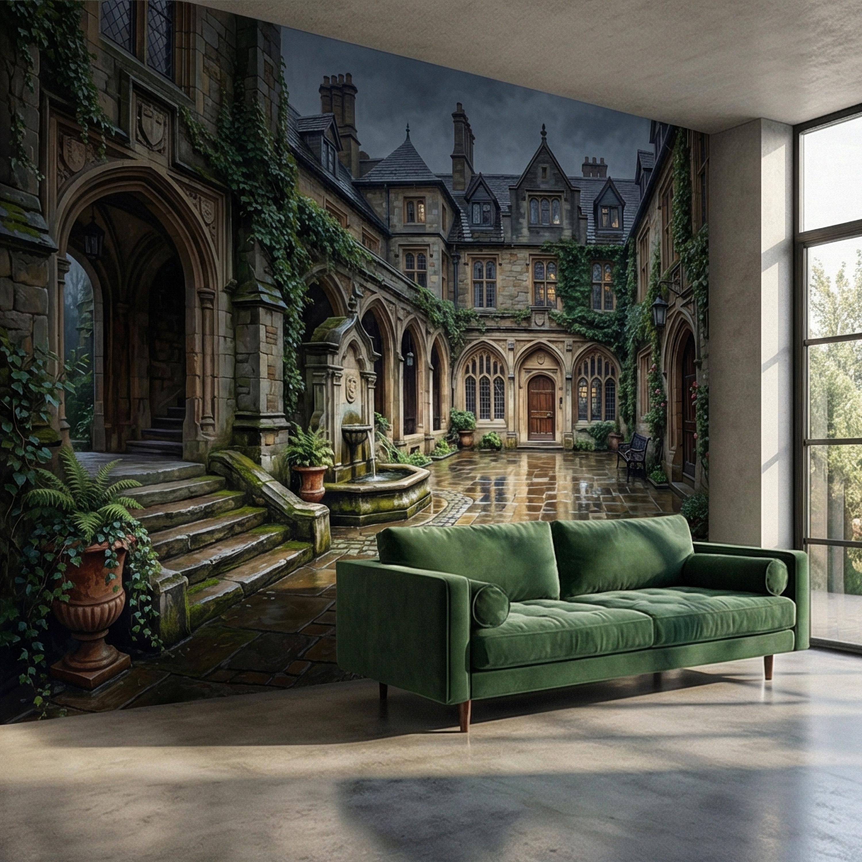 Gothic Courtyard Peel and Stick Wall Mural, Ivy Covered English Manor, Moody Dark Academia Castle, Rainy Old World Architecture Wallpaper